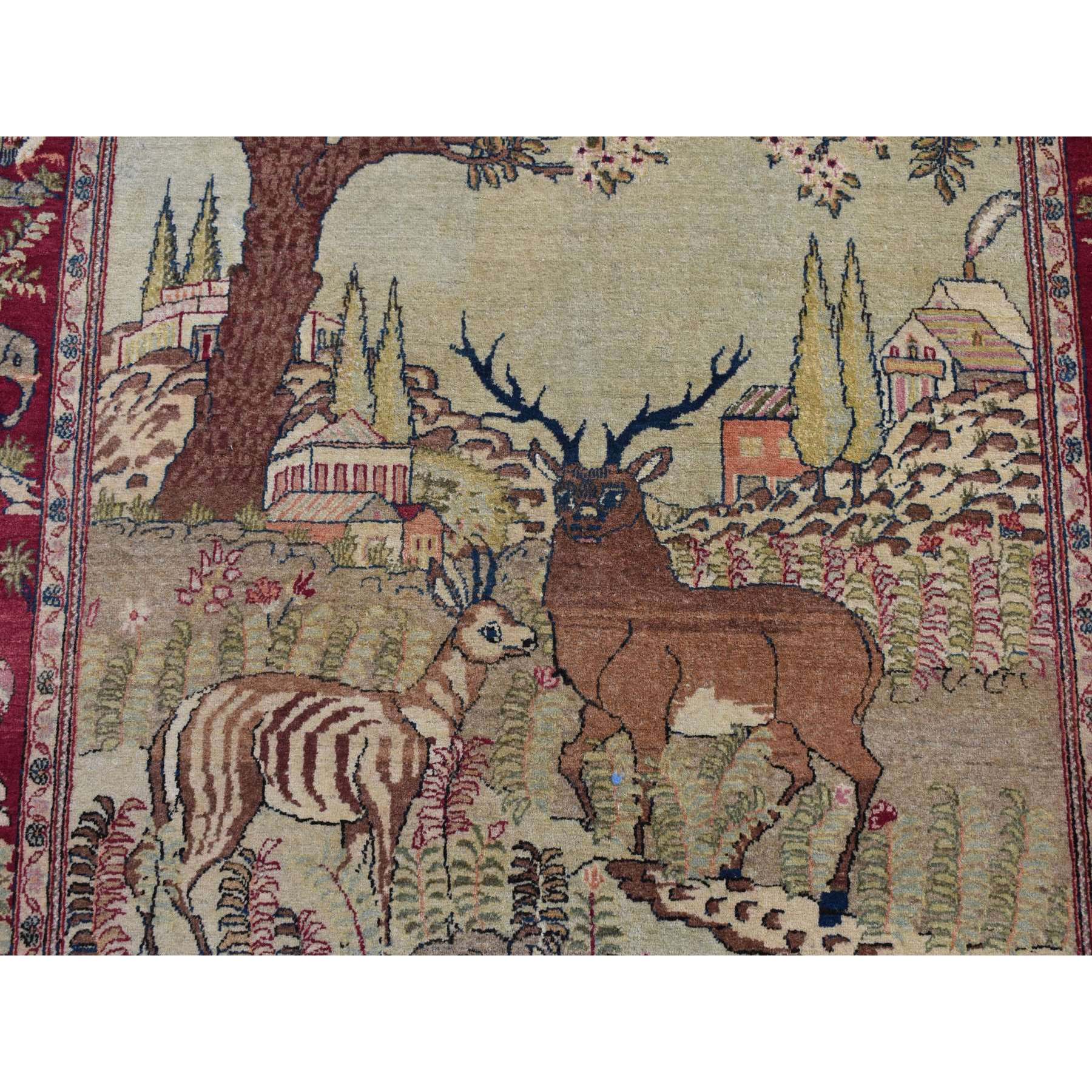 4'7"x6'7" Vanilla White, Antique Persian Pictorial Kashan with Deer, Lion, Monkey, Bird and More, Full Pile, Mint Condition, Hand Knotted, Pure Wool, Oriental Rug Sh87875