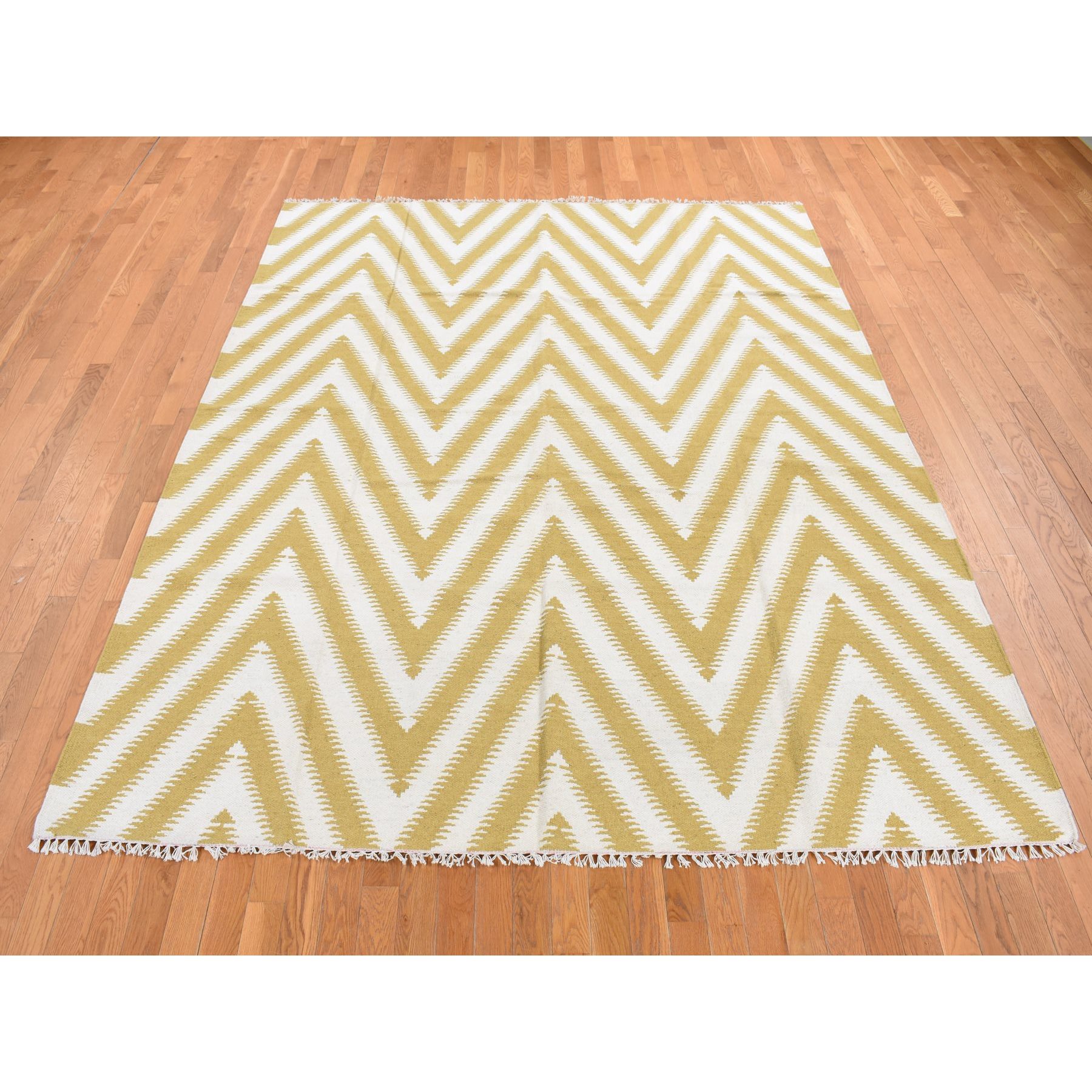 8'x10' Trombone Yellow, Flat Weave Kilim, Chevron Design, Hand Woven, Pure Wool, Oriental Rug Sh87882