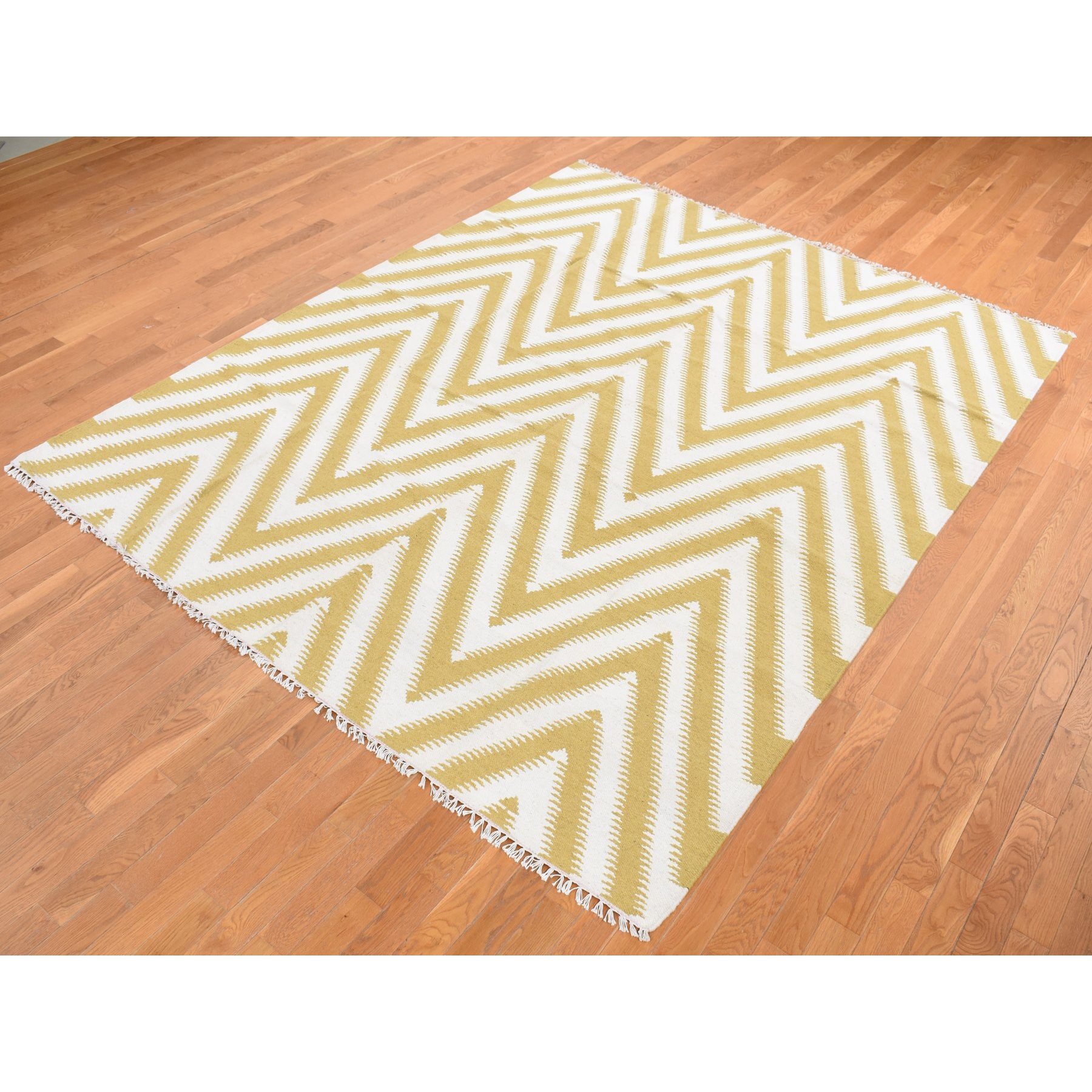 8'x10' Trombone Yellow, Flat Weave Kilim, Chevron Design, Hand Woven, Pure Wool, Oriental Rug Sh87882