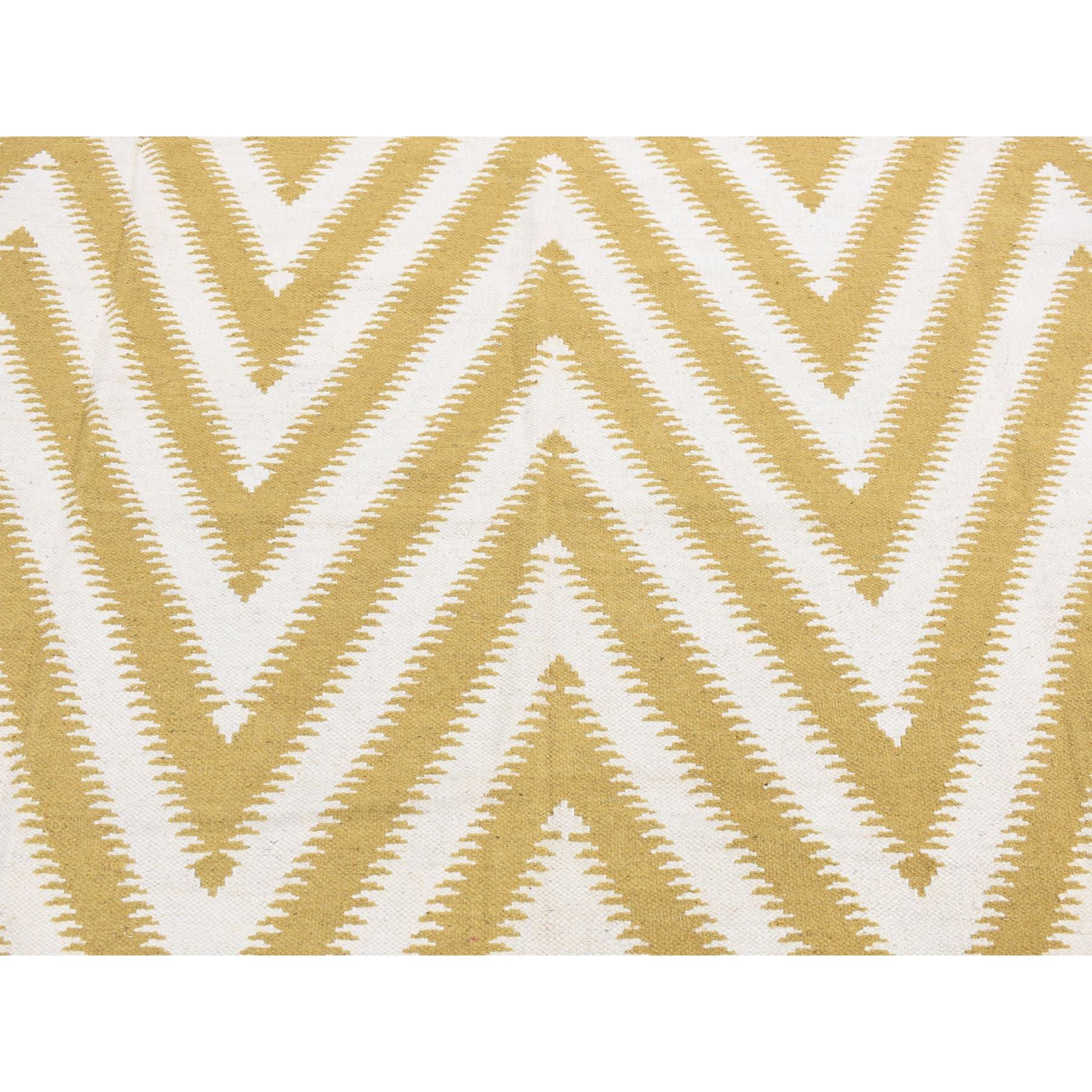 8'x10' Trombone Yellow, Flat Weave Kilim, Chevron Design, Hand Woven, Pure Wool, Oriental Rug Sh87882