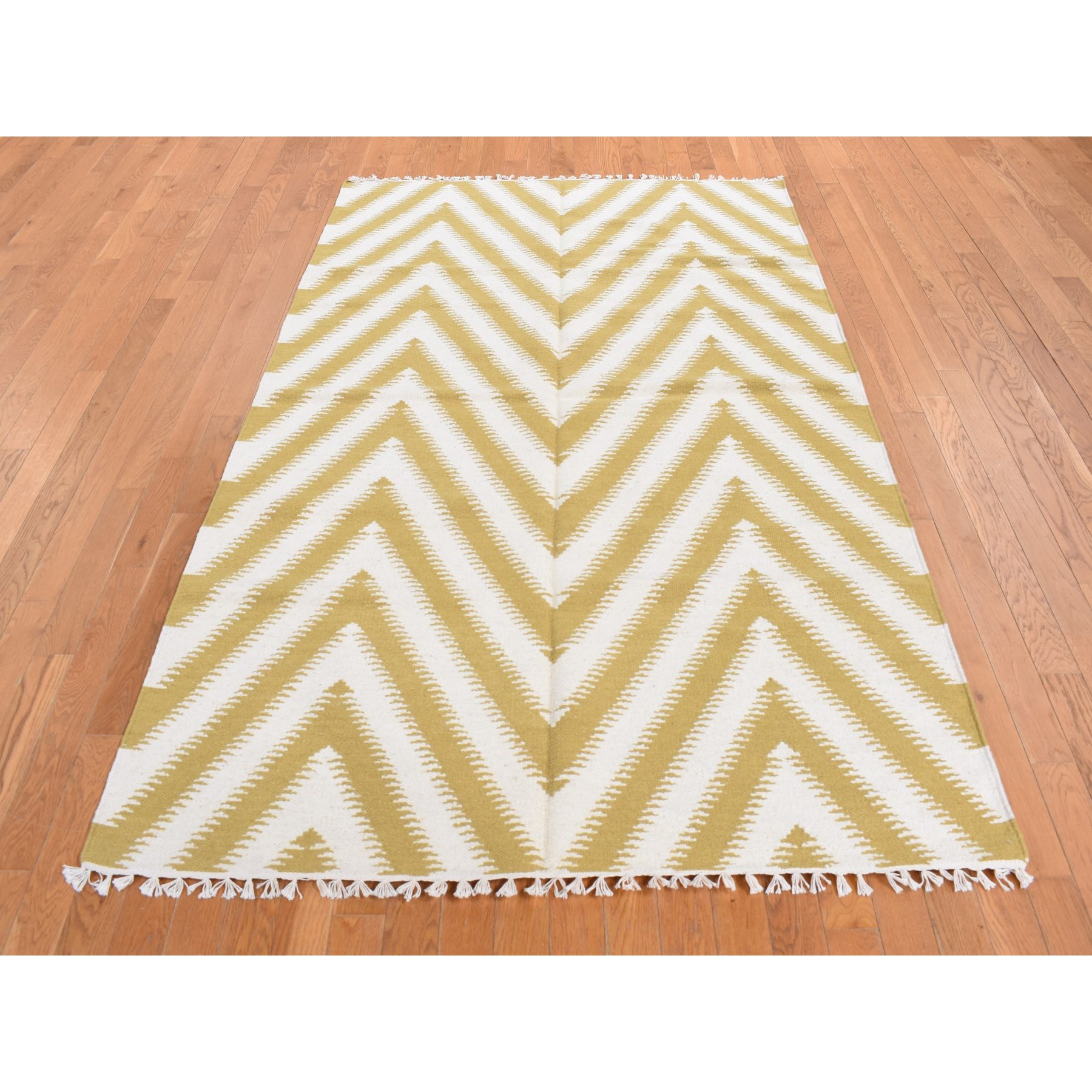 5'x8' Trombone Yellow, Pure Wool, Flat Weave Kilim, Chevron Design, Hand Woven, Oriental Rug Sh87887