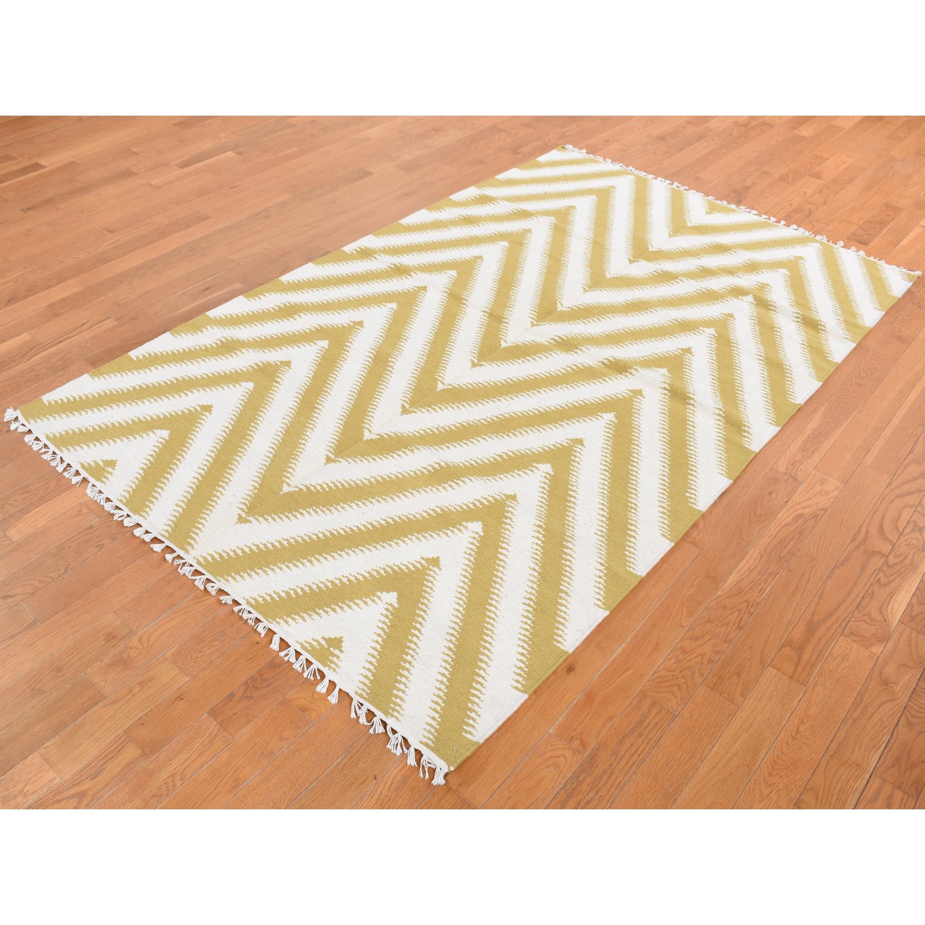 5'x8' Trombone Yellow, Pure Wool, Flat Weave Kilim, Chevron Design, Hand Woven, Oriental Rug Sh87887