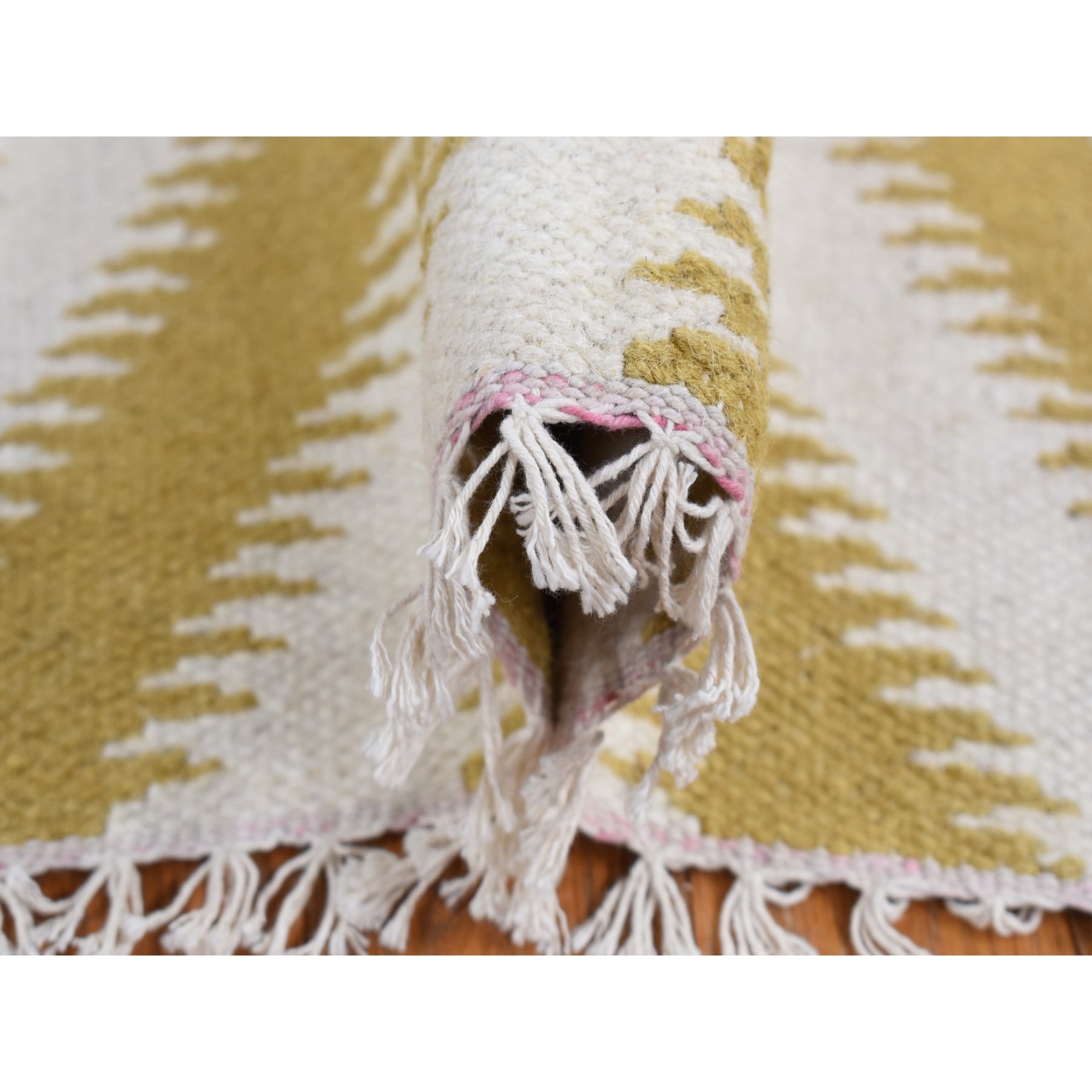 5'x8' Trombone Yellow, Pure Wool, Flat Weave Kilim, Chevron Design, Hand Woven, Oriental Rug Sh87887