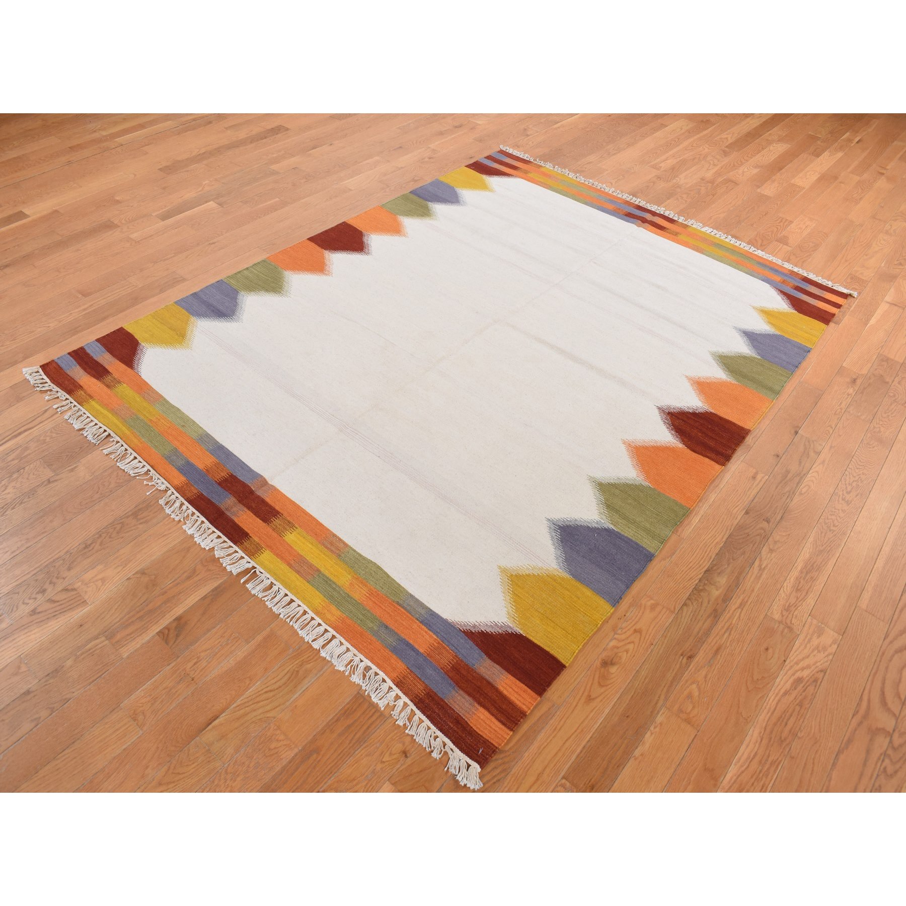 5'5"x7'10" Ivory, Hand Woven, Flat Weave Durie Kilim, Open Field Design, Pure Wool, Oriental Rug Sh87890