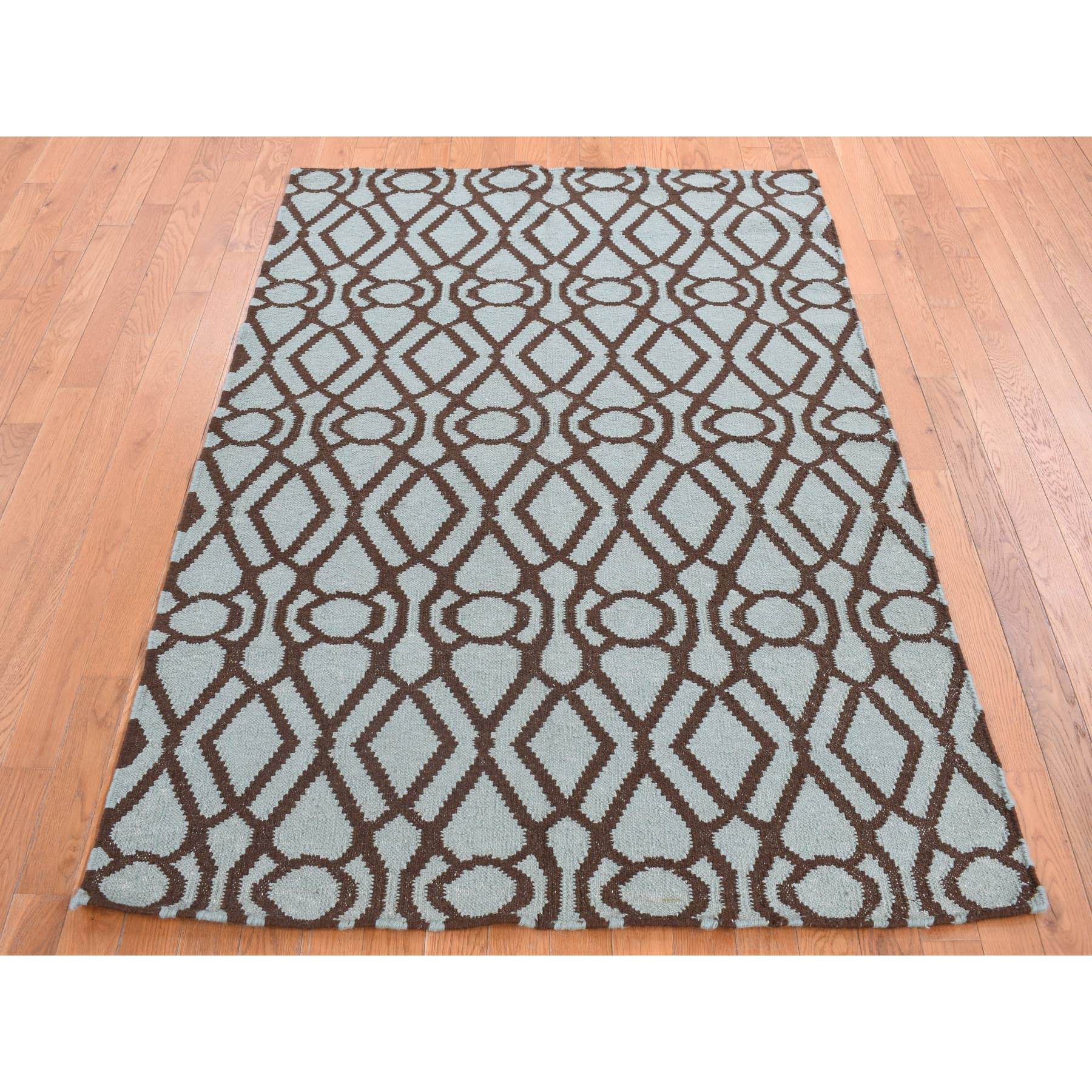 4'3"x5'10" Turquoise Green, 100% Wool, Hand Woven, Flat Weave Kilim, Geometric Design, Reversible Oriental Rug Sh87901