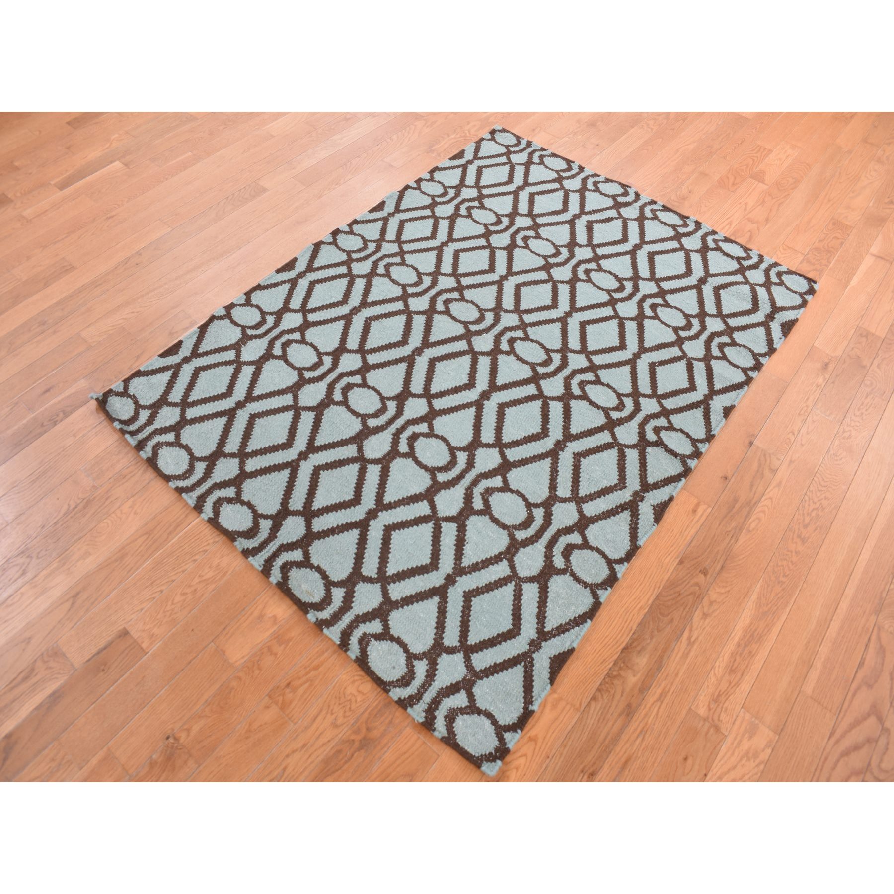 4'3"x5'10" Turquoise Green, 100% Wool, Hand Woven, Flat Weave Kilim, Geometric Design, Reversible Oriental Rug Sh87901