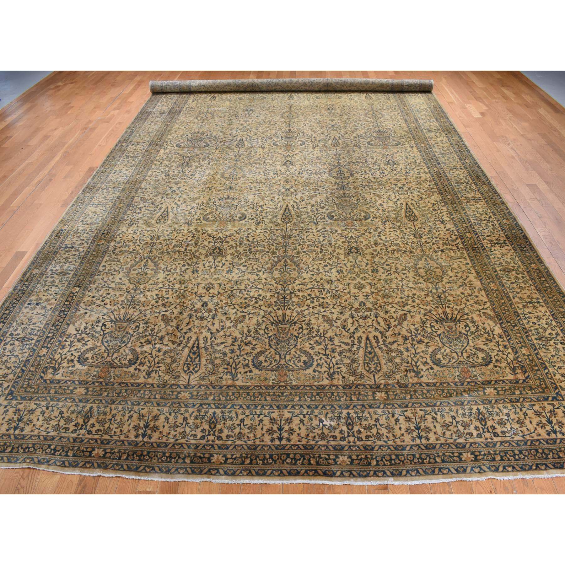 10'8"x22'5" Birdseed Brown, Antique Indo Kerman, All Over Tree and Vase Design, Hand Knotted, Pure Wool, Full Soft Pile, Tone on Tone, 250 KPSI, Clean, Long and Narrow Runner Oriental Rug Sh87903