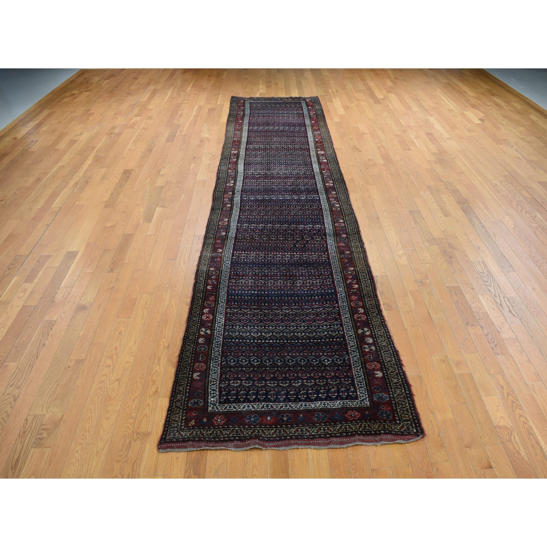 3'7"x16'6" Millennium Blue, Antique Kurdish Bijar, Repetitive Botteh All Over Design, Pure Wool, Excellent Condition, Hand Knotted, Clean, Wide Runner, Oriental Rug Sh87914