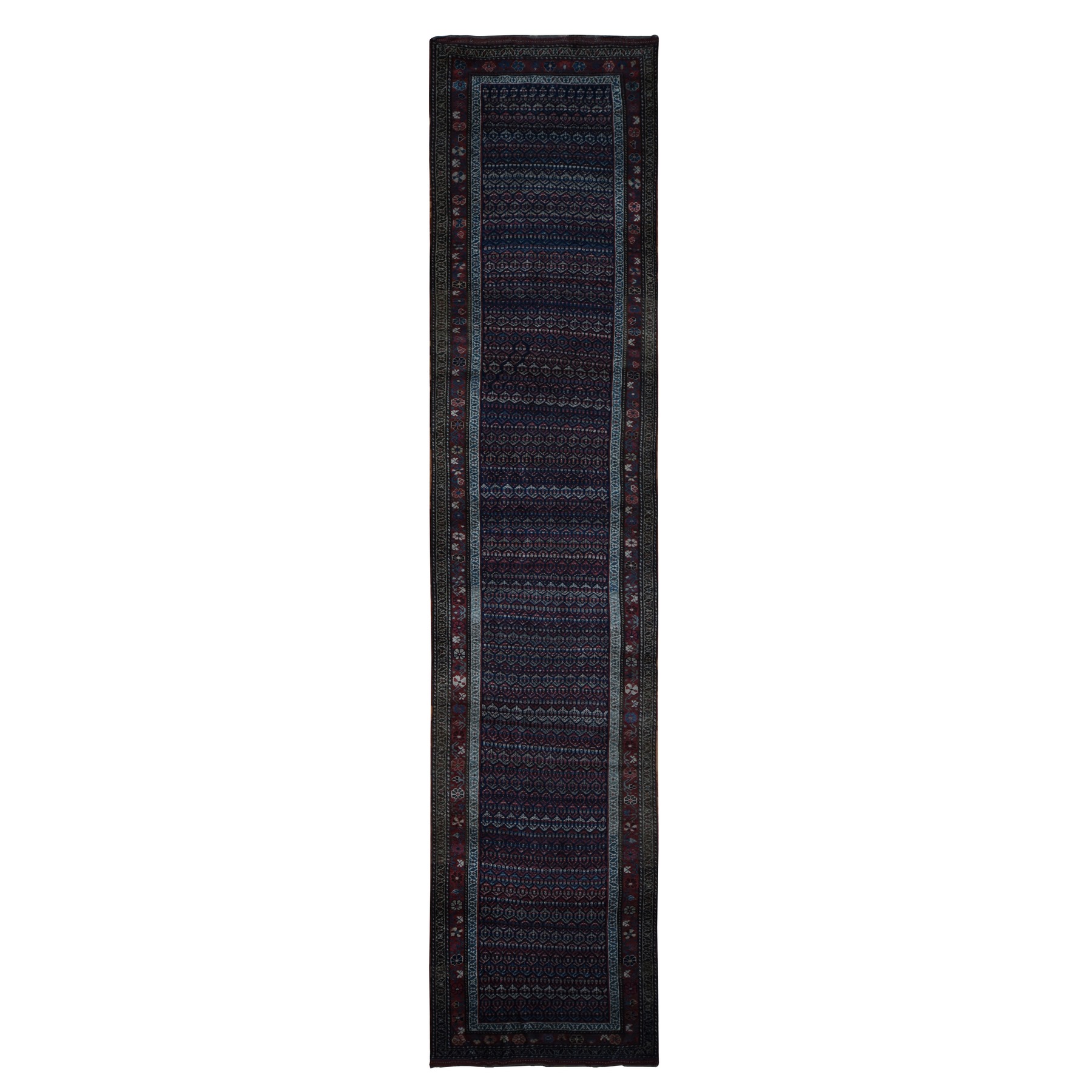 3'7"x16'6" Millennium Blue, Antique Kurdish Bijar, Repetitive Botteh All Over Design, Pure Wool, Excellent Condition, Hand Knotted, Clean, Wide Runner, Oriental Rug Sh87914
