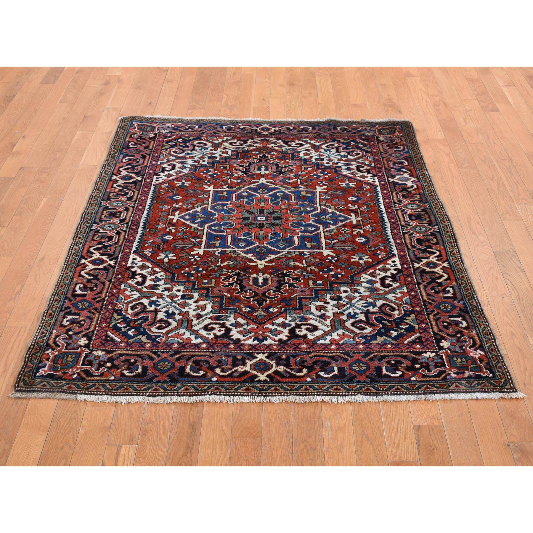 4'9"x5'10" Chili Red, Antique Persian Heriz in A Small Rare Size, Hand Knotted, Pure Wool, Excellent Condition, Clean with Sides and Ends Professionally Secured, Oriental Rug Sh87915