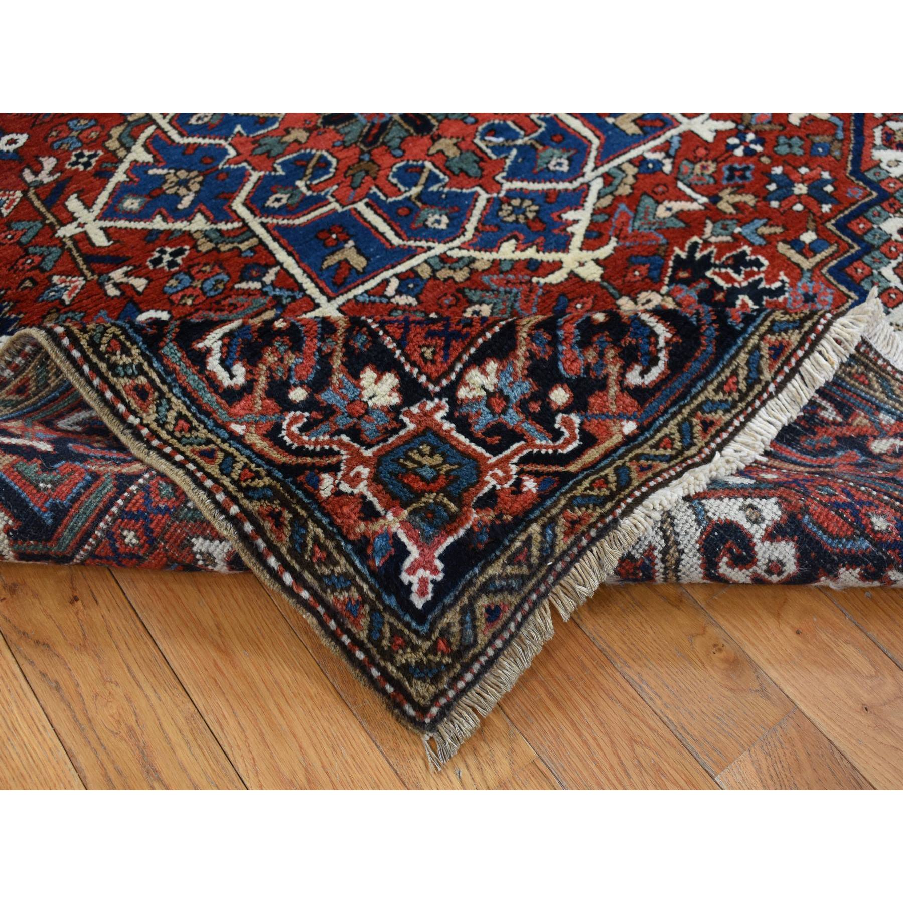 4'9"x5'10" Chili Red, Antique Persian Heriz in A Small Rare Size, Hand Knotted, Pure Wool, Excellent Condition, Clean with Sides and Ends Professionally Secured, Oriental Rug Sh87915