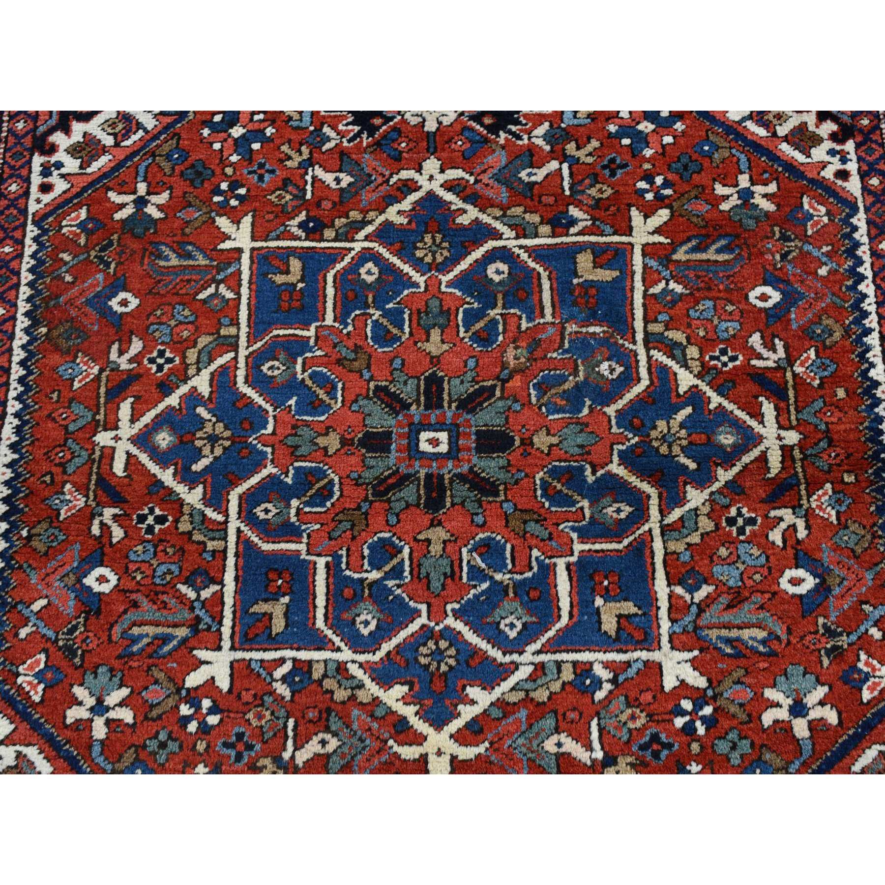 4'9"x5'10" Chili Red, Antique Persian Heriz in A Small Rare Size, Hand Knotted, Pure Wool, Excellent Condition, Clean with Sides and Ends Professionally Secured, Oriental Rug Sh87915