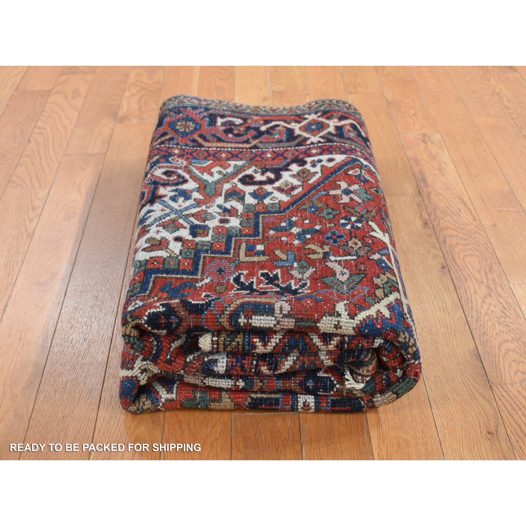4'9"x5'10" Chili Red, Antique Persian Heriz in A Small Rare Size, Hand Knotted, Pure Wool, Excellent Condition, Clean with Sides and Ends Professionally Secured, Oriental Rug Sh87915
