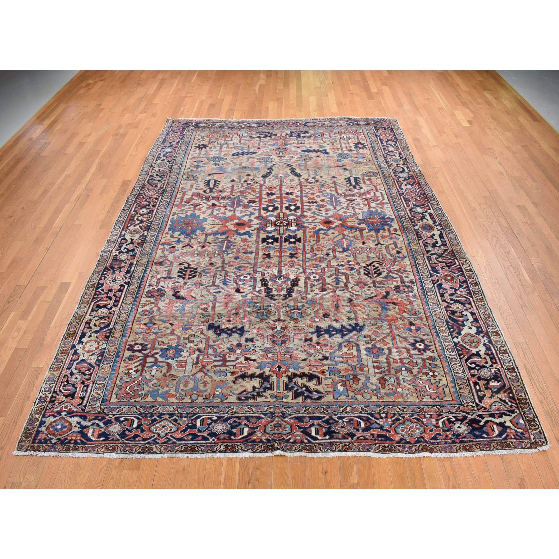 9'3"x12'4" Beige, Antique Persian Heriz with All Over Design, Pure Wool, Good Condition, Hand Knotted, Clean, Sides and Ends Professionally Secured, Oriental Rug Sh87918