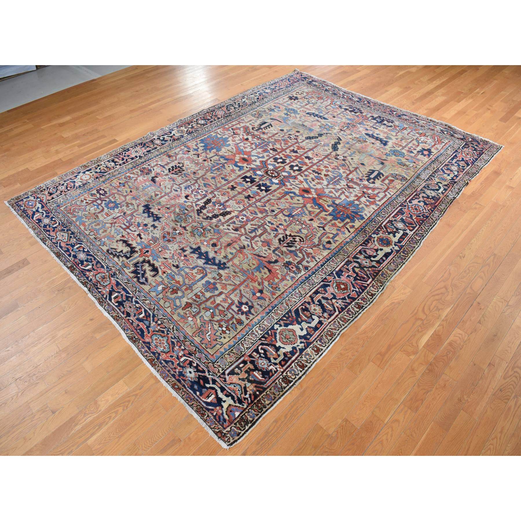9'3"x12'4" Beige, Antique Persian Heriz with All Over Design, Pure Wool, Good Condition, Hand Knotted, Clean, Sides and Ends Professionally Secured, Oriental Rug Sh87918