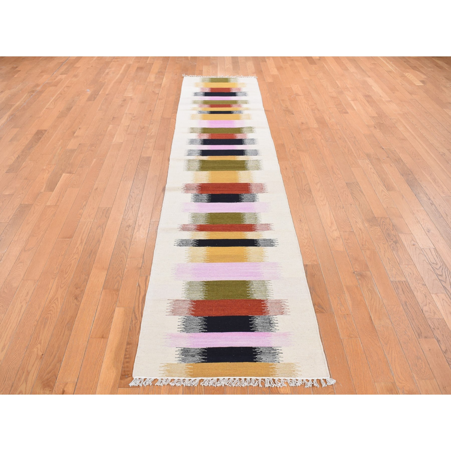 2'7"x12'2" Ivory, 100% Wool, Hand Woven, Flat Weave Durie Kilim, Dazzling Design, Reversible Runner Oriental Rug Sh87926