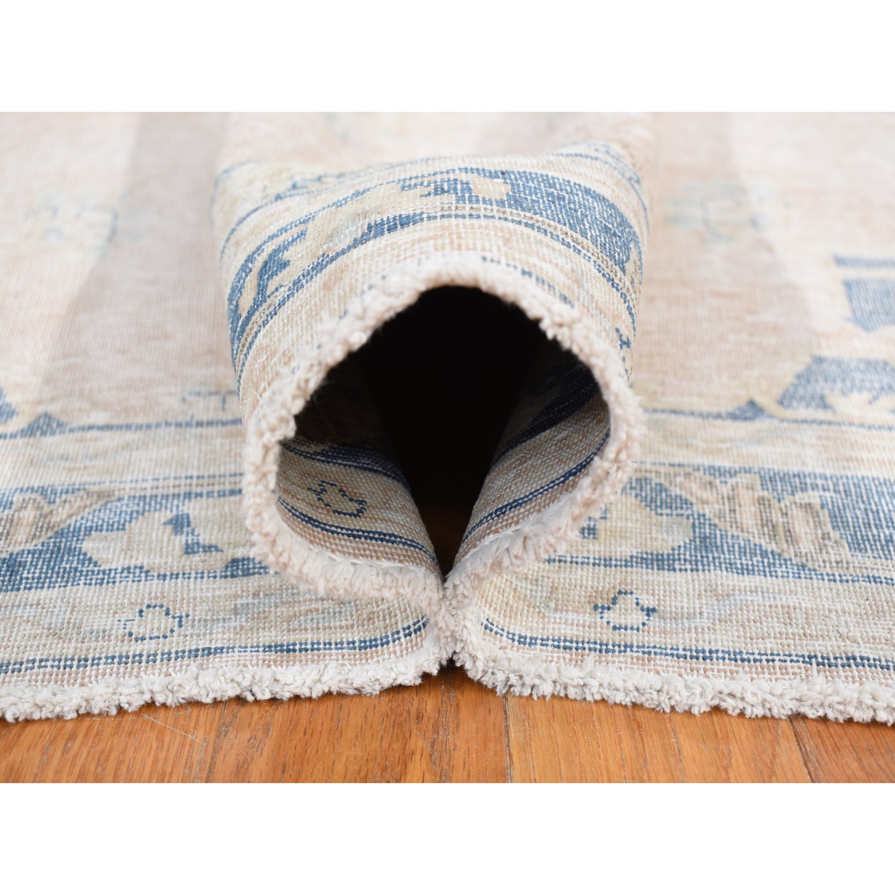 4'7"x7'6" Champagne Pink, Worn Wool, Hand Knotted, White Wash Vintage Kerman, Worn Pile, Distressed, Oriental Rug Sh87930