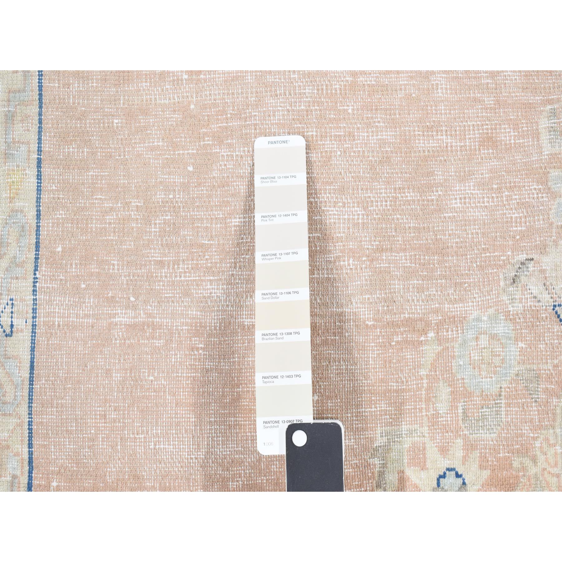 4'7"x7'6" Champagne Pink, Worn Wool, Hand Knotted, White Wash Vintage Kerman, Worn Pile, Distressed, Oriental Rug Sh87930