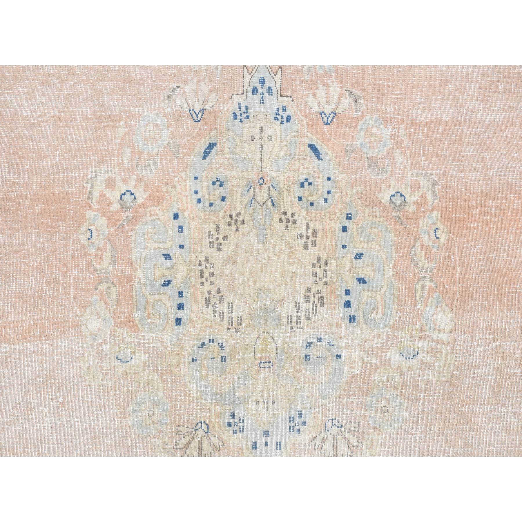 4'7"x7'6" Champagne Pink, Worn Wool, Hand Knotted, White Wash Vintage Kerman, Worn Pile, Distressed, Oriental Rug Sh87930