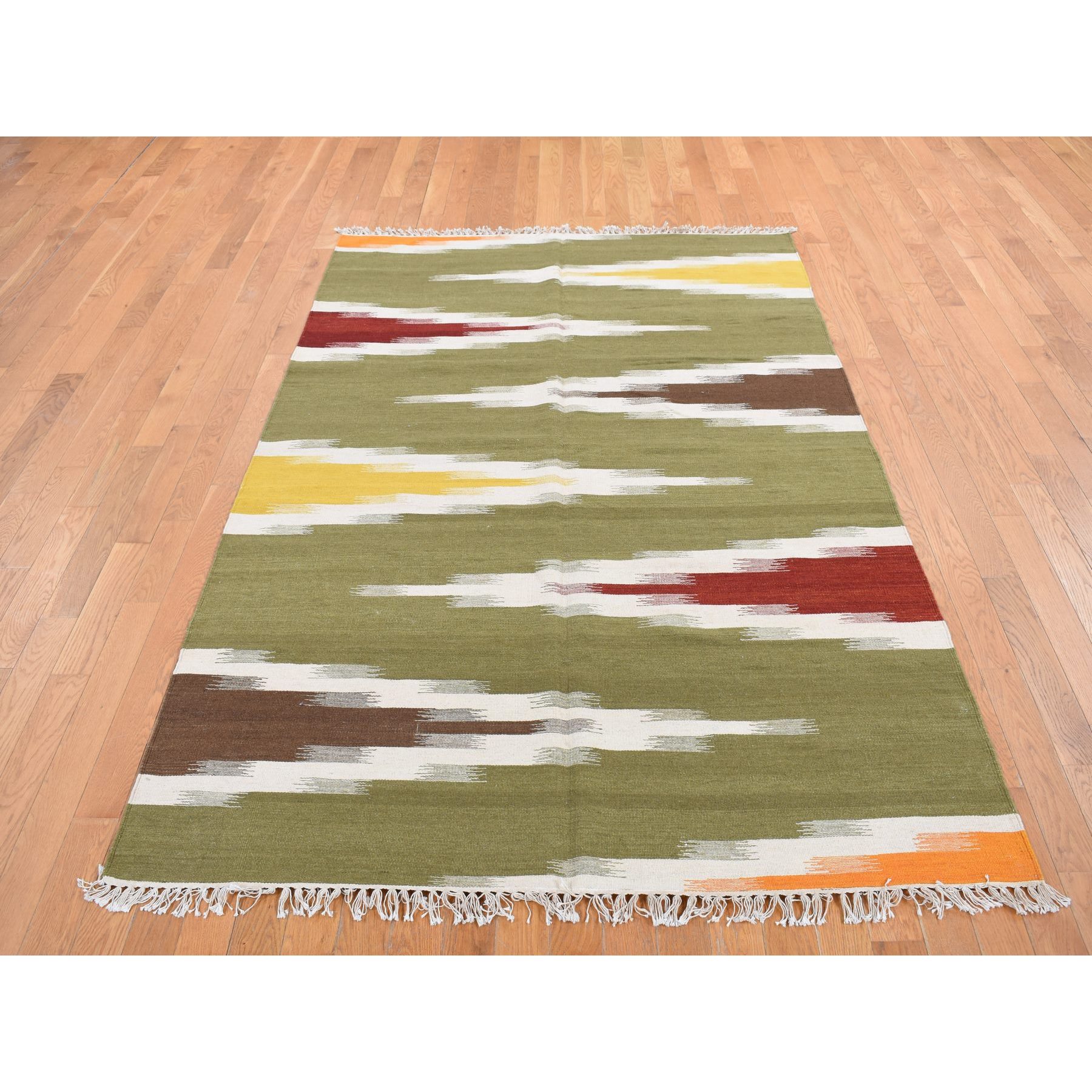 5'1"x8'1" Old Moss Green, Flat Weave Kilim, Dazzling Zig-Zag Design, 100% Wool, Hand Woven, Reversible Oriental Rug Sh87931