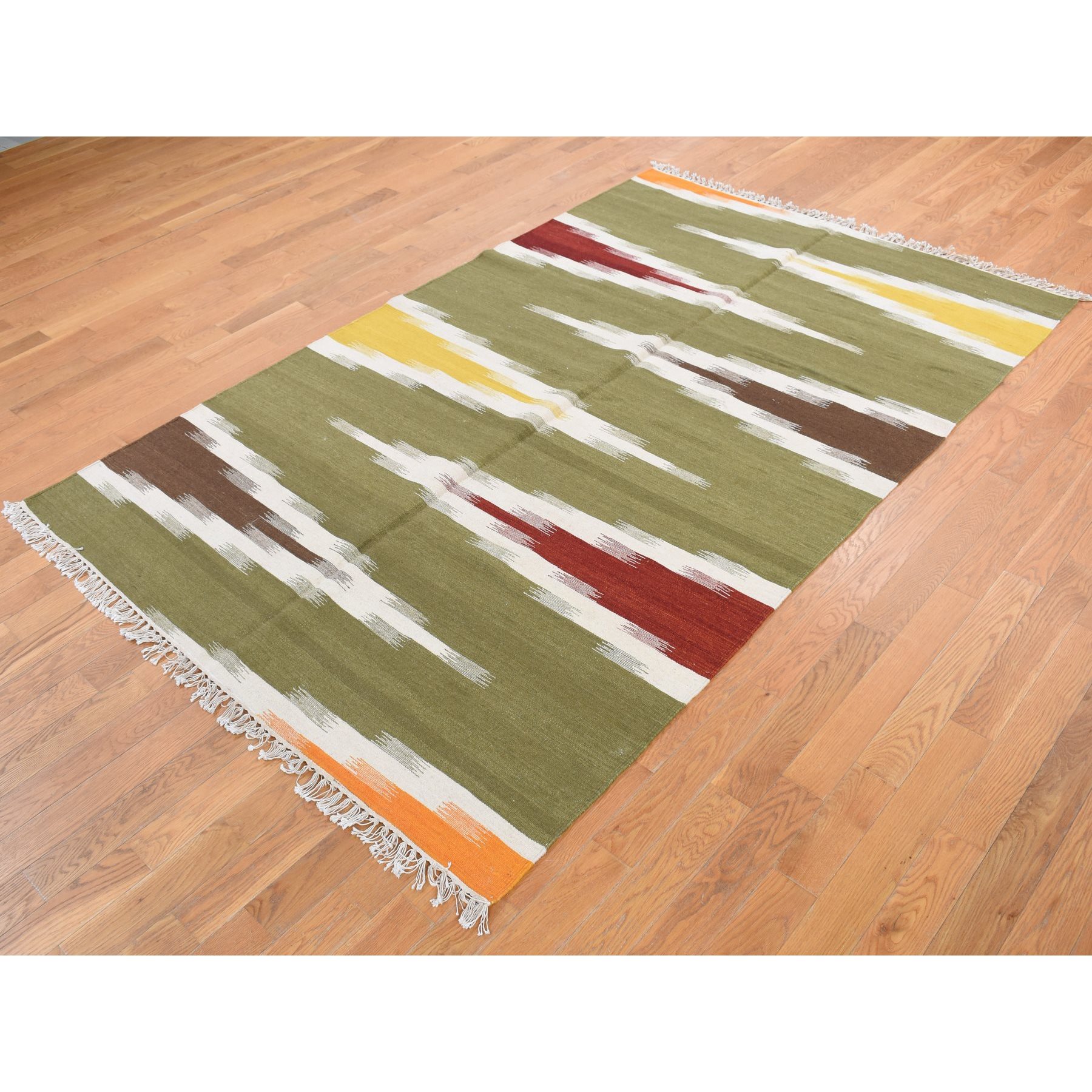5'1"x8'1" Old Moss Green, Flat Weave Kilim, Dazzling Zig-Zag Design, 100% Wool, Hand Woven, Reversible Oriental Rug Sh87931
