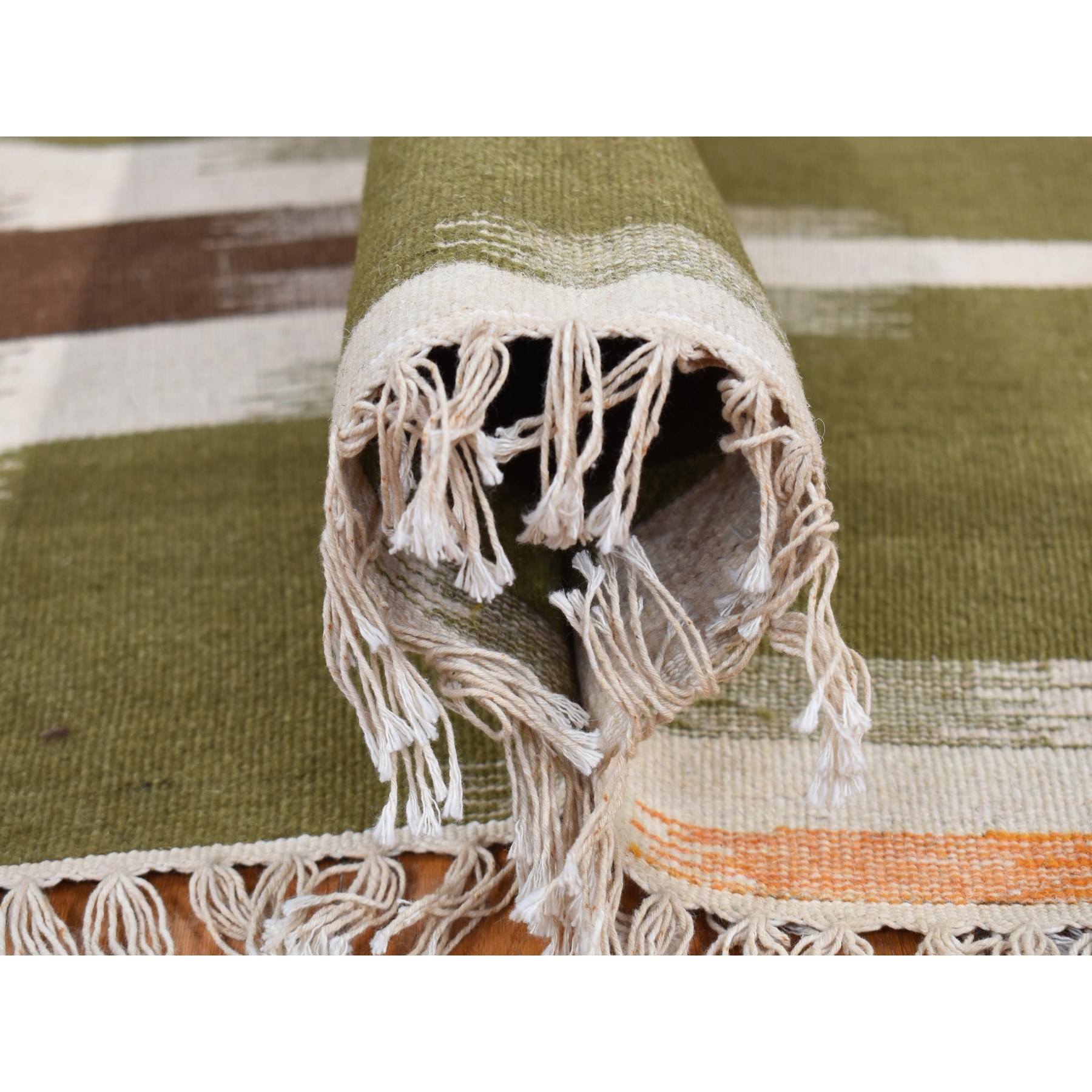 5'1"x8'1" Old Moss Green, Flat Weave Kilim, Dazzling Zig-Zag Design, 100% Wool, Hand Woven, Reversible Oriental Rug Sh87931