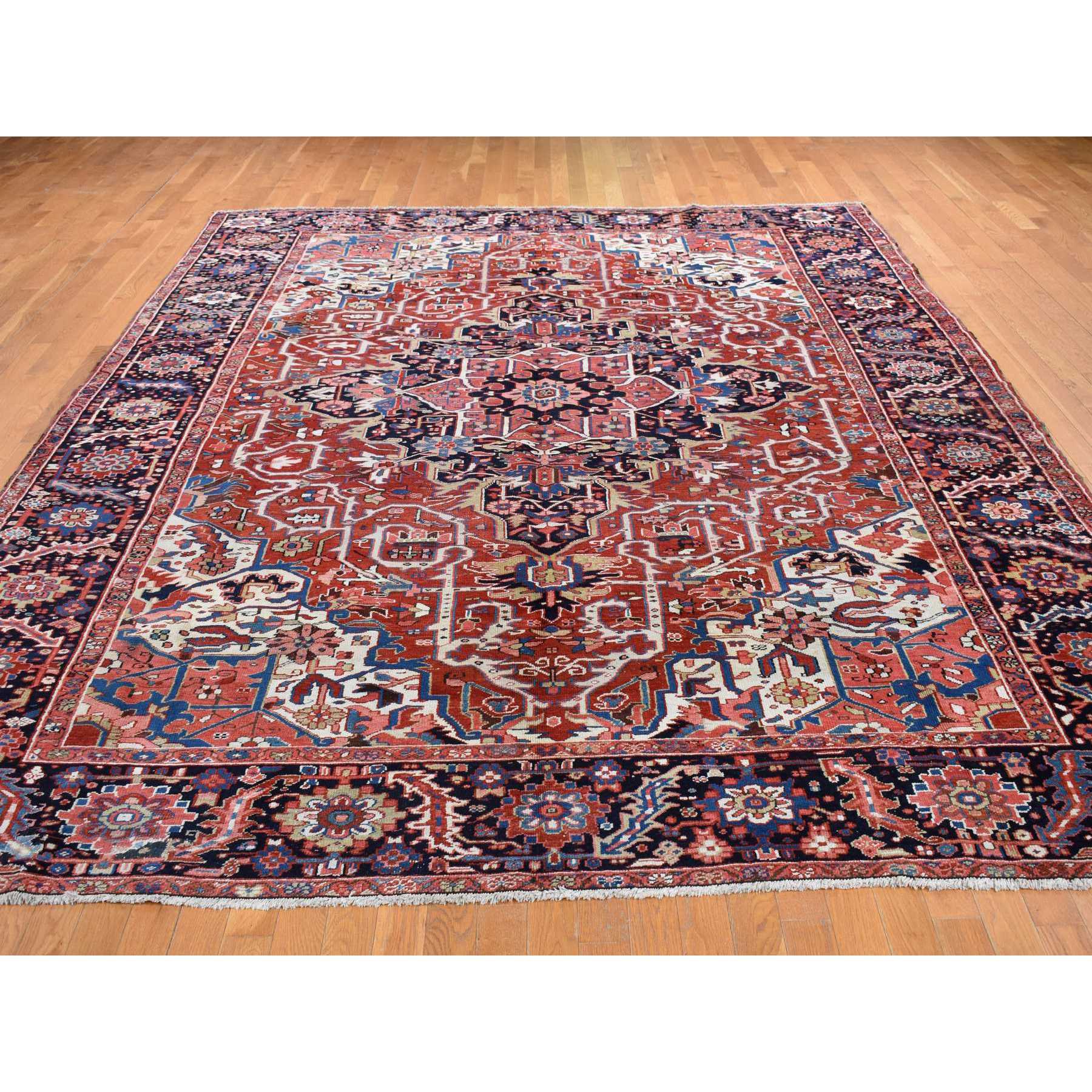 9'8"x12'10" Crimson Red, Antique Persian Heriz, Rosette and Serrated Leaf Design Border, Hand Knotted, Pure Wool, Clean, Sides and Ends Professionally Secured, Oriental Rug Sh87933