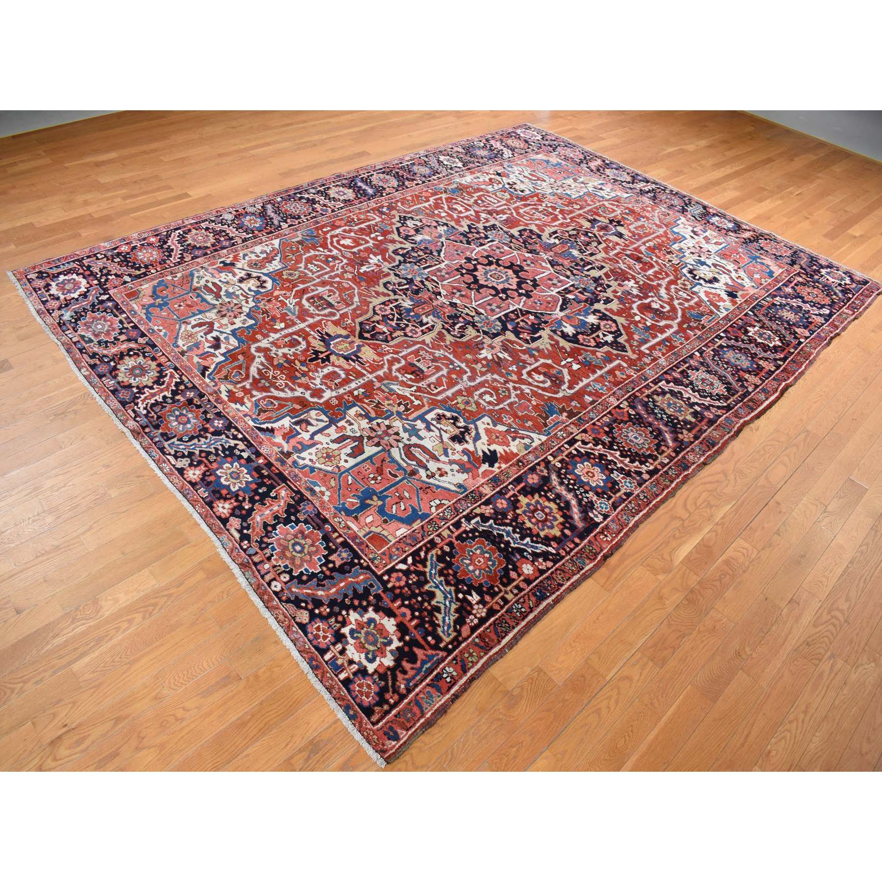 9'8"x12'10" Crimson Red, Antique Persian Heriz, Rosette and Serrated Leaf Design Border, Hand Knotted, Pure Wool, Clean, Sides and Ends Professionally Secured, Oriental Rug Sh87933