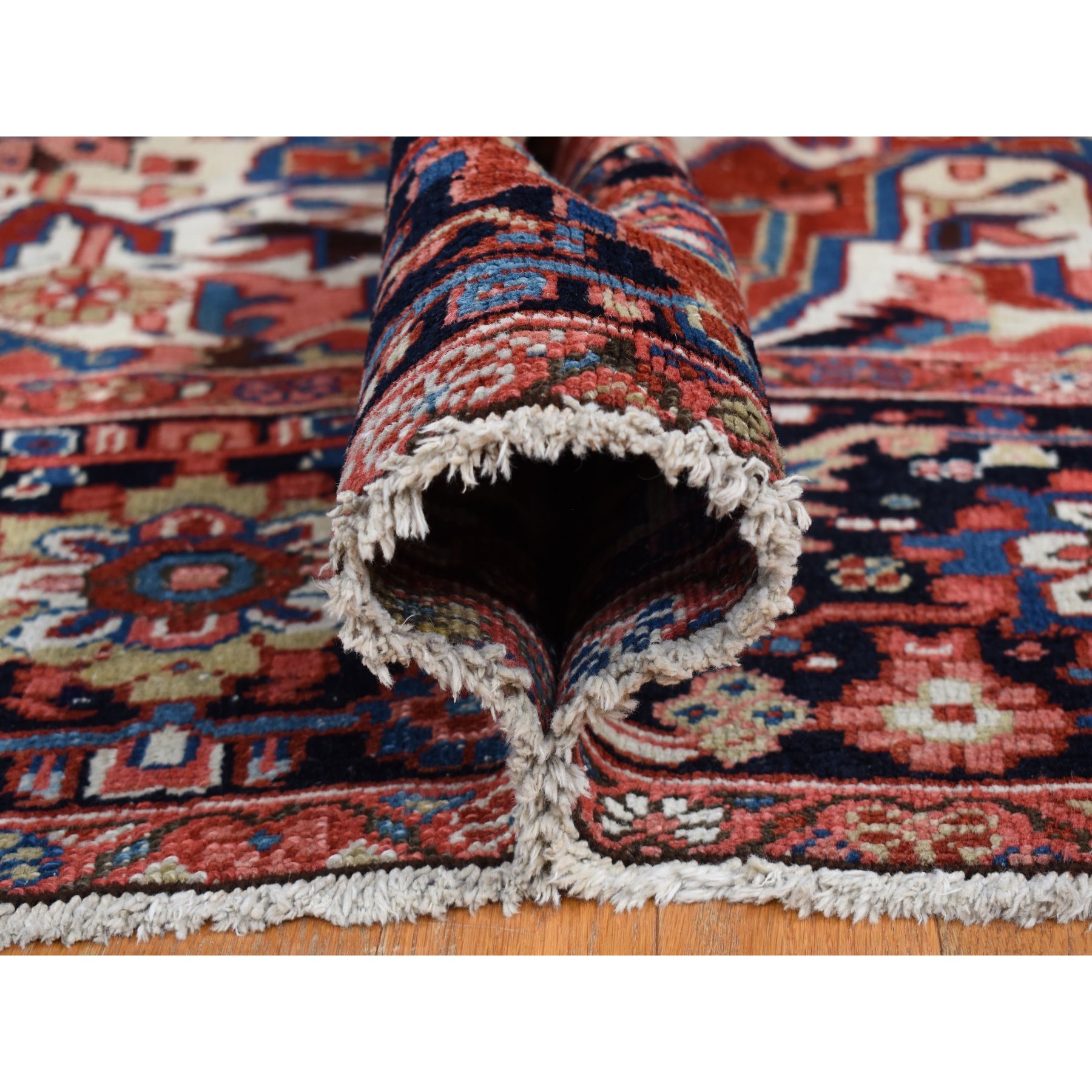 9'8"x12'10" Crimson Red, Antique Persian Heriz, Rosette and Serrated Leaf Design Border, Hand Knotted, Pure Wool, Clean, Sides and Ends Professionally Secured, Oriental Rug Sh87933