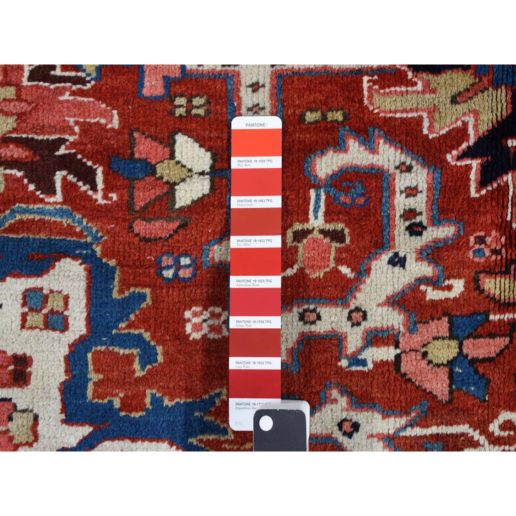 9'8"x12'10" Crimson Red, Antique Persian Heriz, Rosette and Serrated Leaf Design Border, Hand Knotted, Pure Wool, Clean, Sides and Ends Professionally Secured, Oriental Rug Sh87933