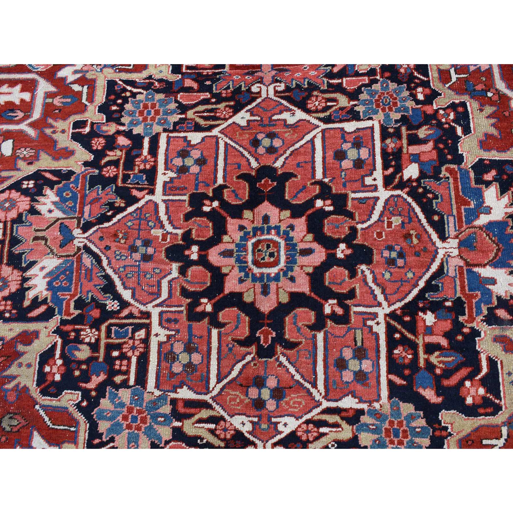 9'8"x12'10" Crimson Red, Antique Persian Heriz, Rosette and Serrated Leaf Design Border, Hand Knotted, Pure Wool, Clean, Sides and Ends Professionally Secured, Oriental Rug Sh87933