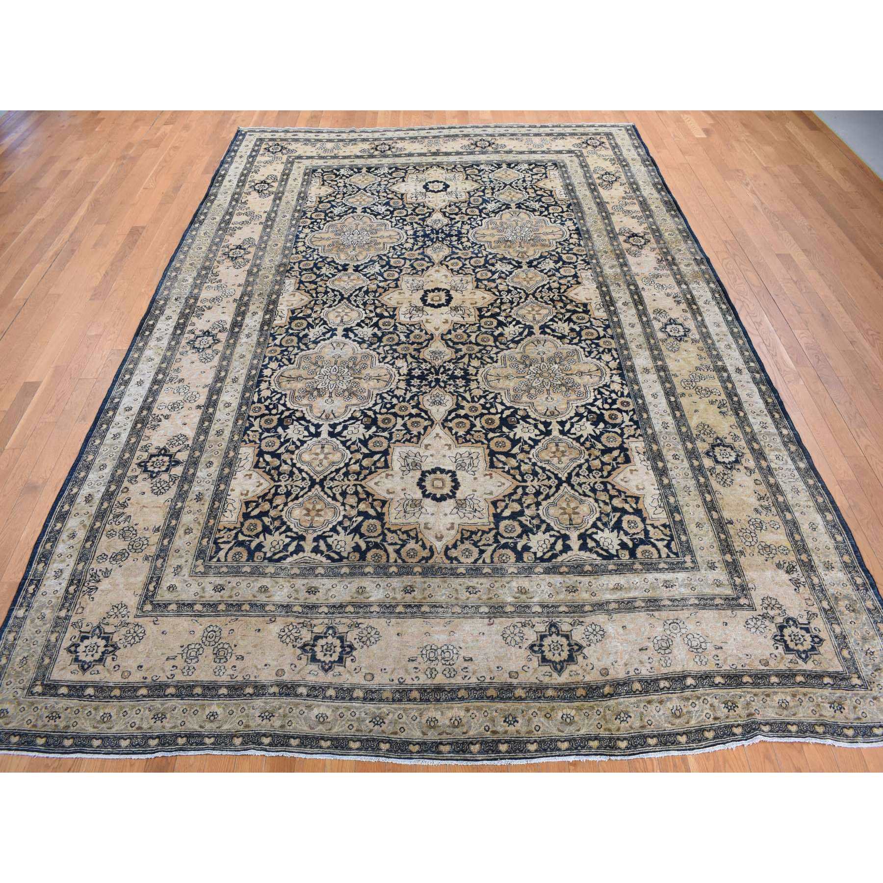 9'4"x13'9" Midnight Blue, Antique Persian Tabriz, Even Wear, Clean and Soft, 100% Wool, Hand Knotted, Oriental Rug Sh87939