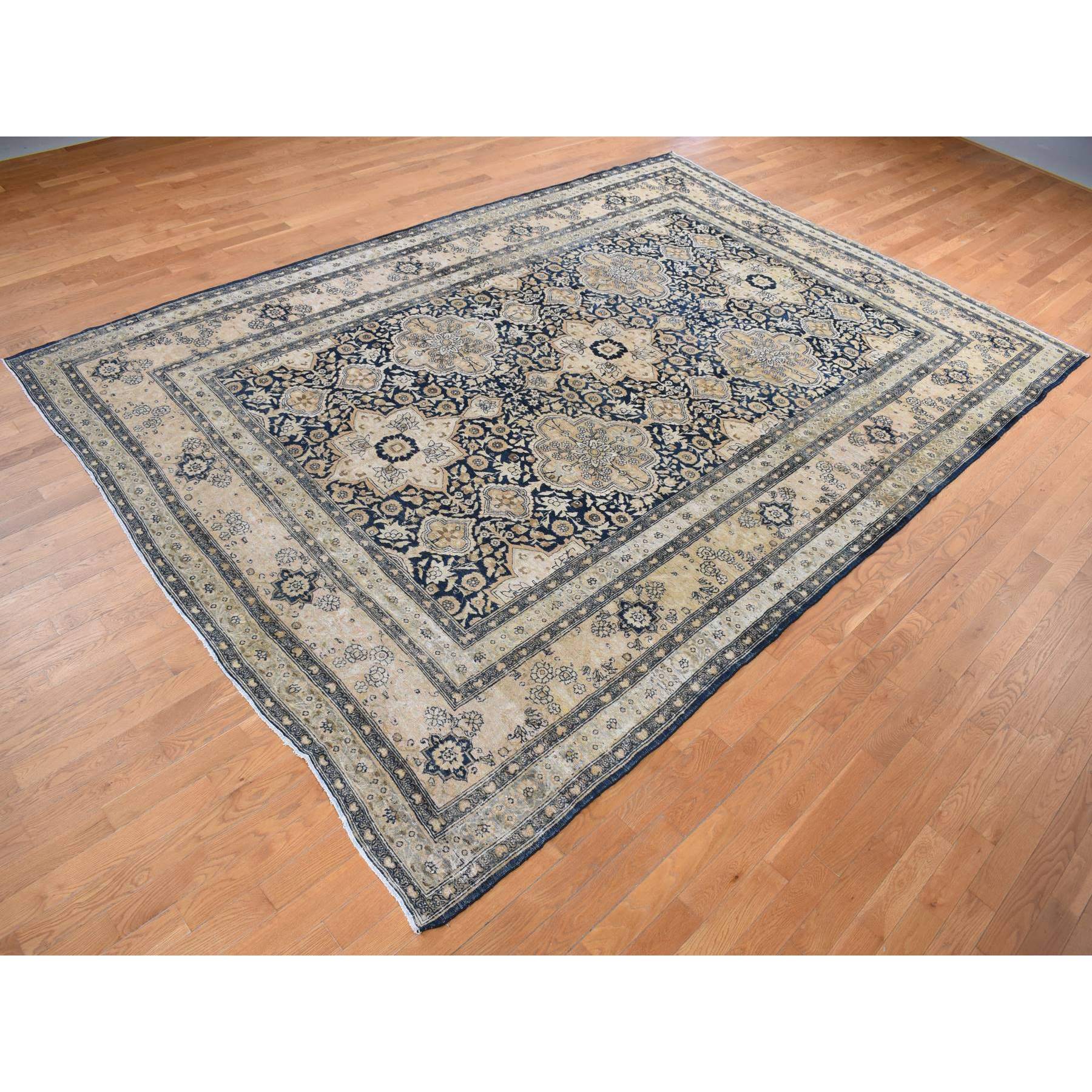 9'4"x13'9" Midnight Blue, Antique Persian Tabriz, Even Wear, Clean and Soft, 100% Wool, Hand Knotted, Oriental Rug Sh87939