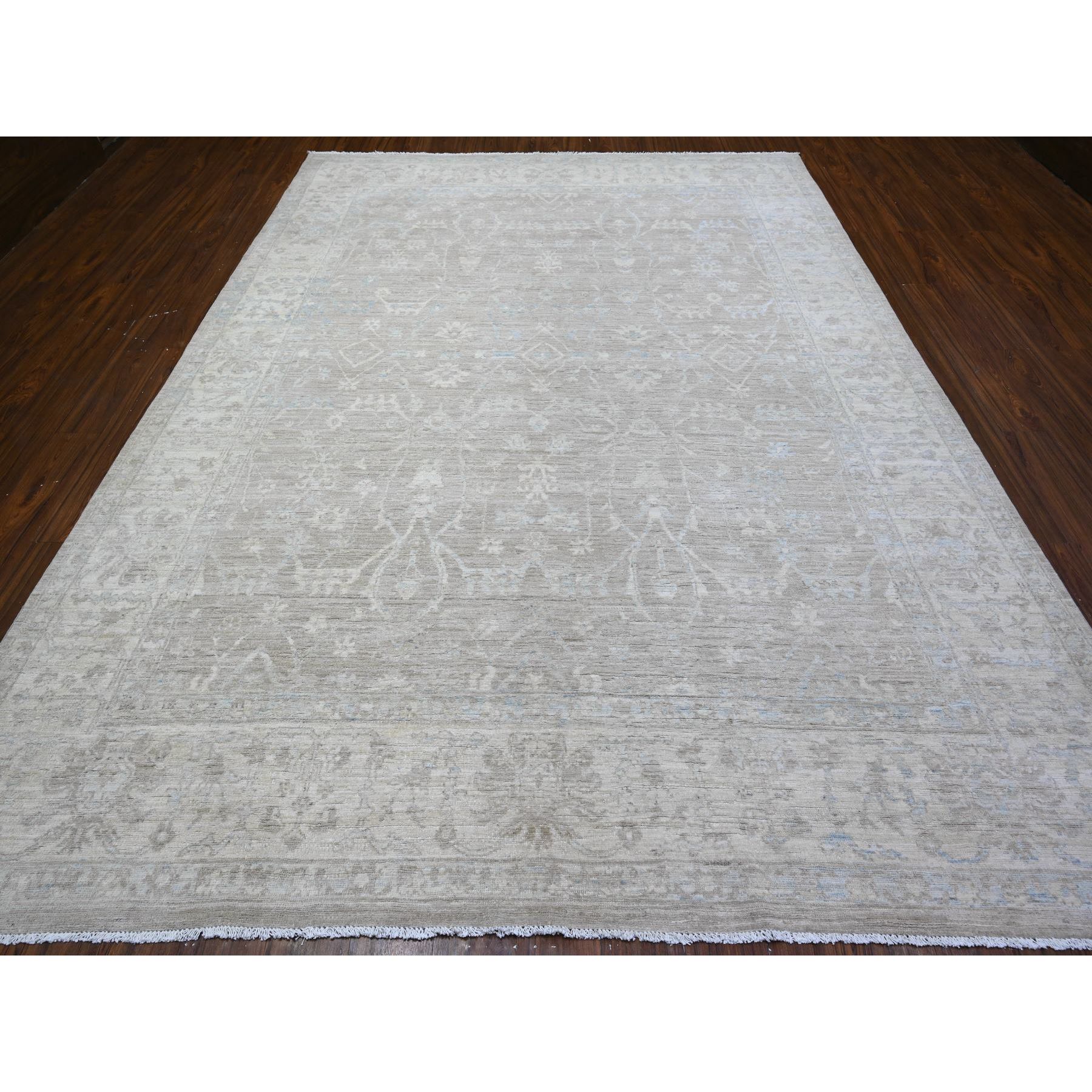 8'9"x11'10" Coin Gray, White Wash Peshawar, Mahal Design Natural Dyes, Pure Wool, Hand Knotted, Oriental Rug sh88378