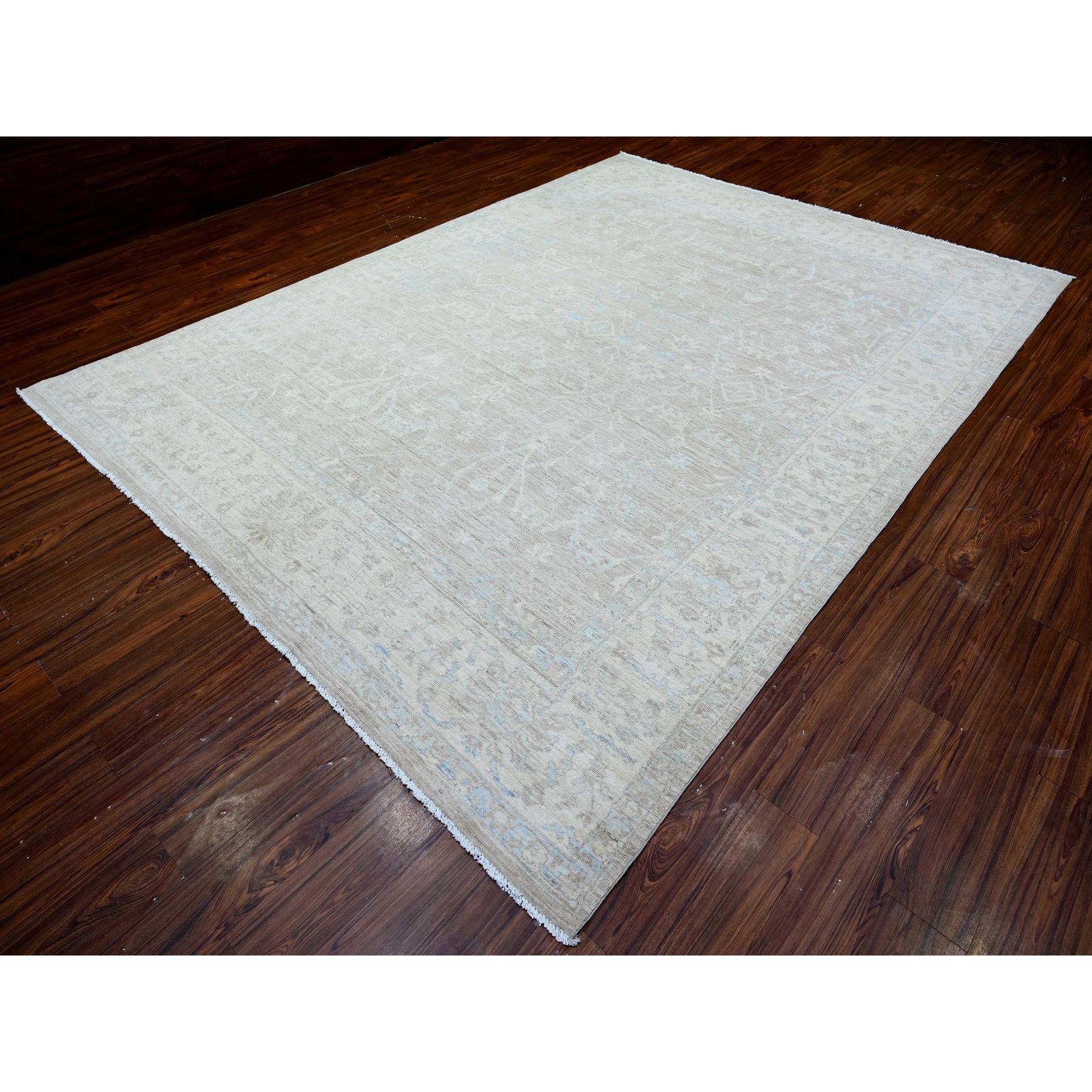 8'9"x11'10" Coin Gray, White Wash Peshawar, Mahal Design Natural Dyes, Pure Wool, Hand Knotted, Oriental Rug sh88378