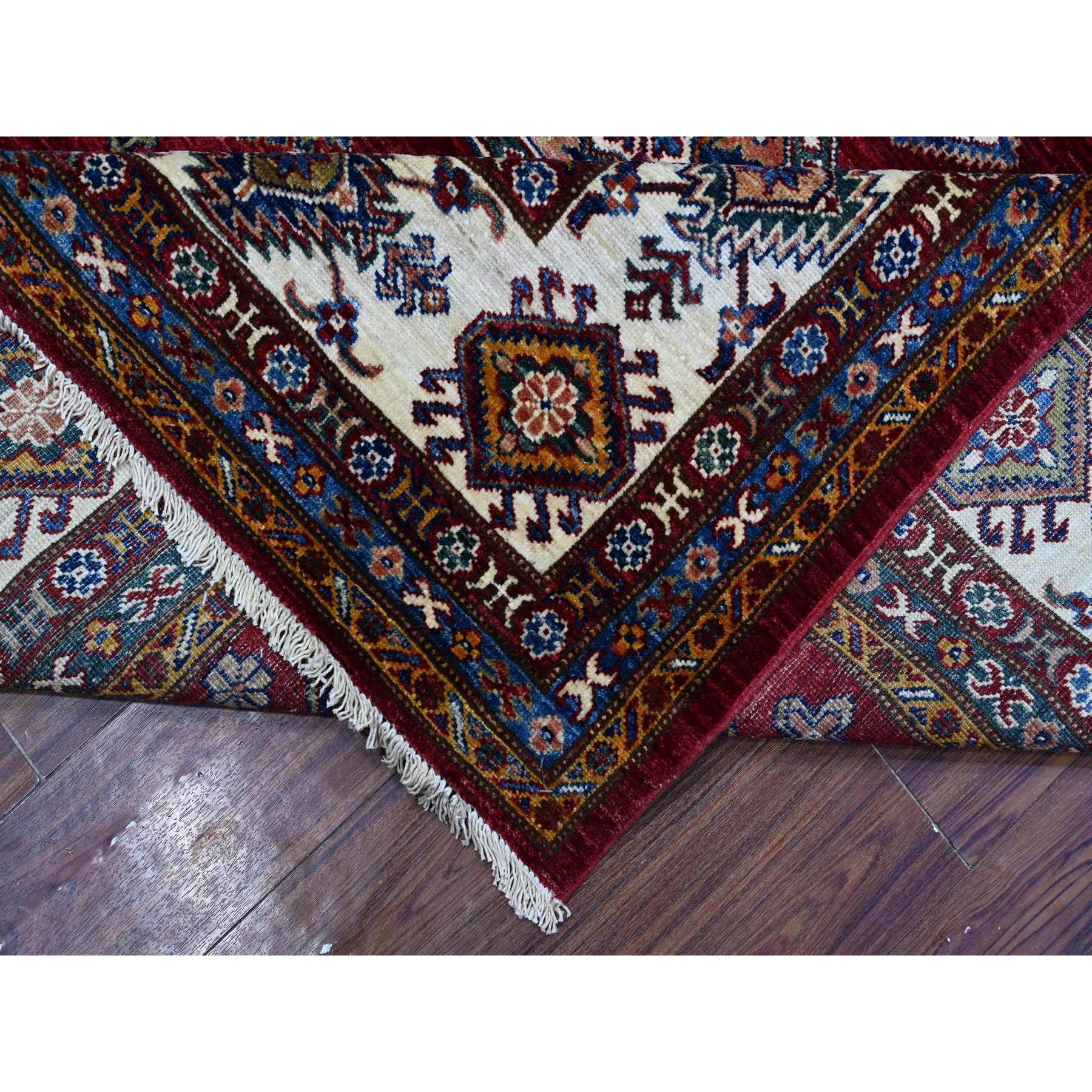 8'1"x10'3" Heritage Red With Ivory Border, Bright Afghan Super Kazak Hand Knotted All Over Motifs, Natural Dyes, Pure Wool Oriental Rug Sh89092