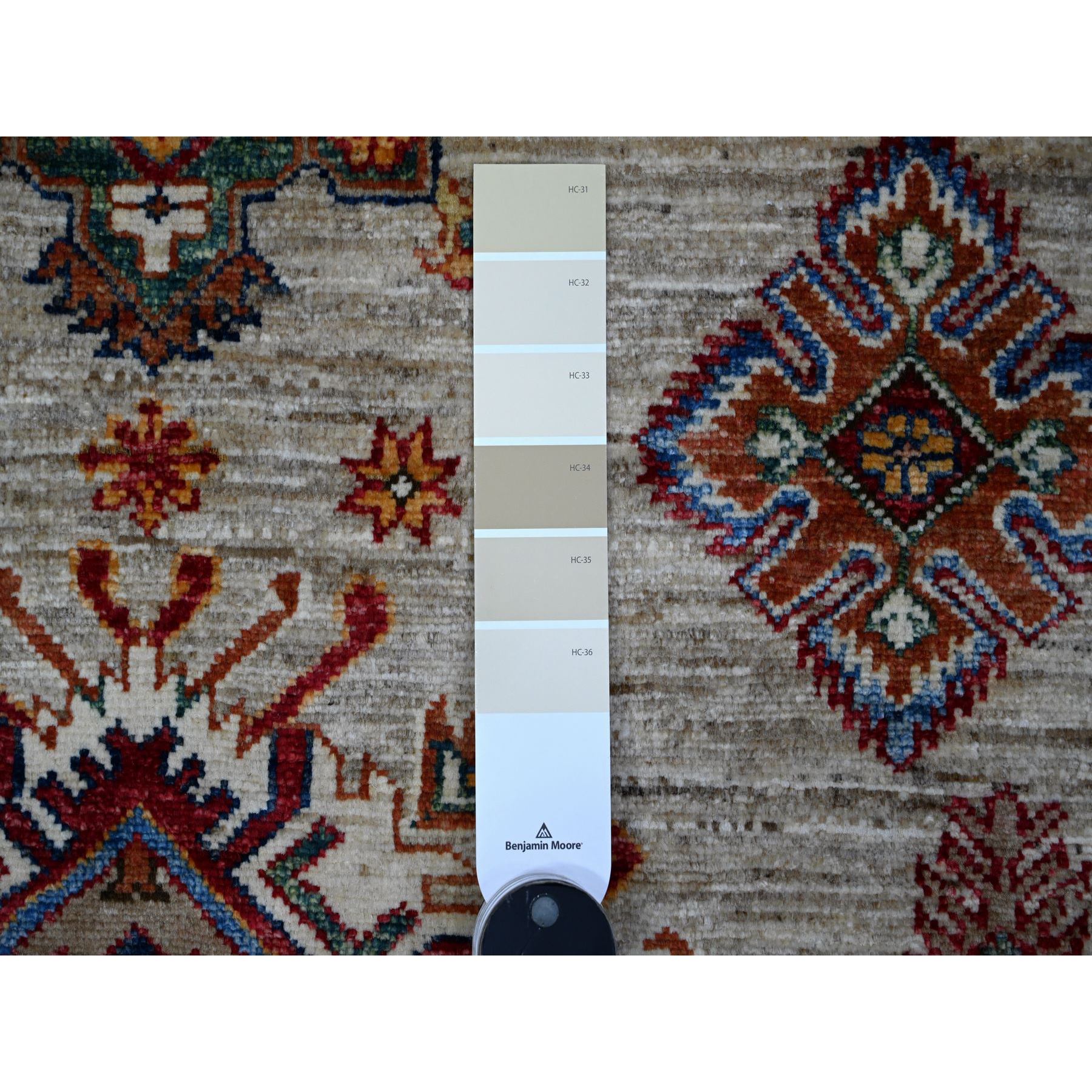 9'x12'3" Shiny Luster Gray, Pure Wool with All Over Motifs, Afghan Super Kazak, Vegetable Dyes, Hand Knotted, Oriental Rug Sh89103