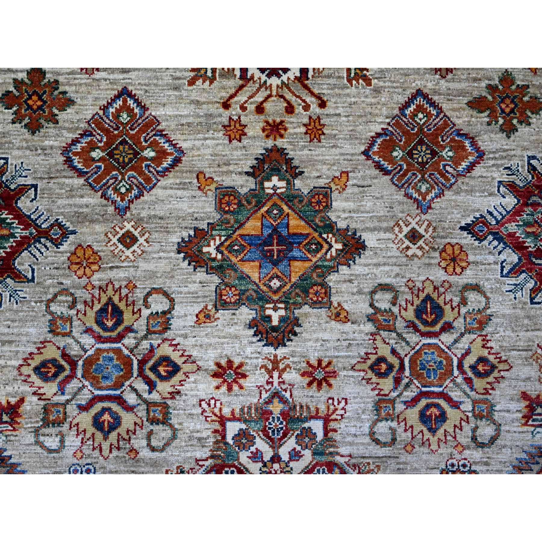 9'x12'3" Shiny Luster Gray, Pure Wool with All Over Motifs, Afghan Super Kazak, Vegetable Dyes, Hand Knotted, Oriental Rug Sh89103