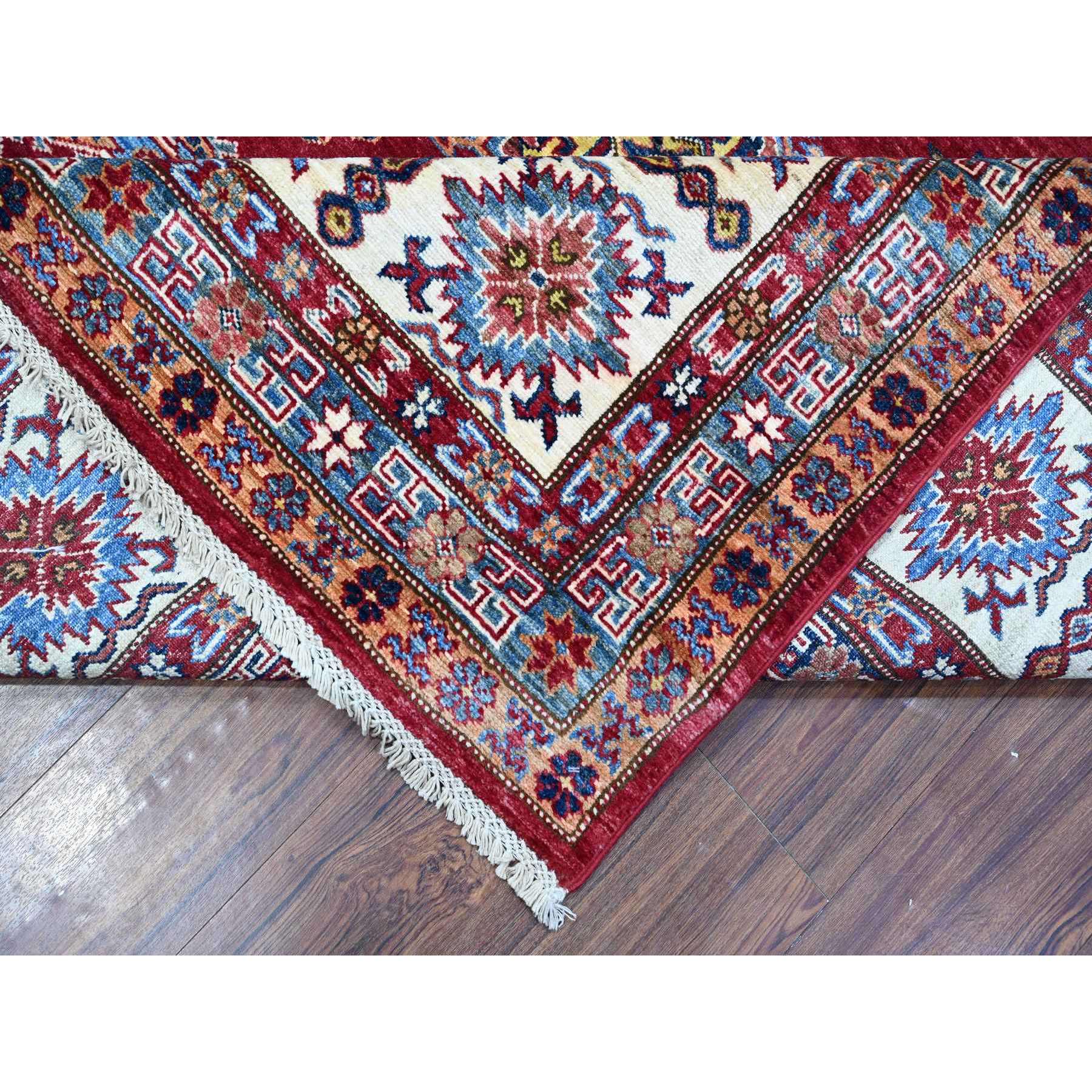 8'10"x12'5" Scarlet Red, Afghan Super Kazak with Geometric Elements, Vegetable Dyes, Pure and Shiny Wool, Hand Knotted, Oriental Rug Sh89132