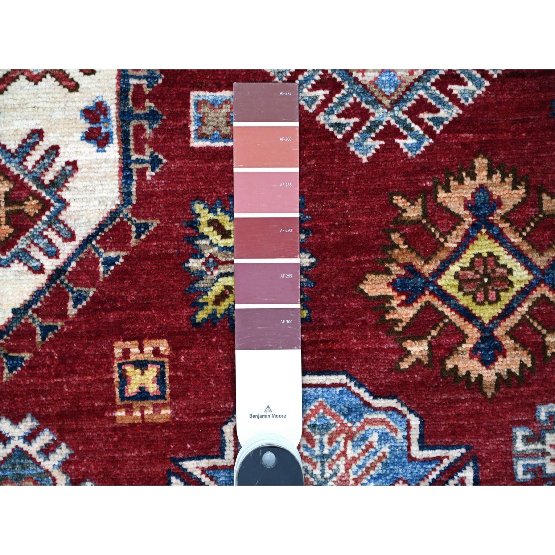 8'10"x12'5" Scarlet Red, Afghan Super Kazak with Geometric Elements, Vegetable Dyes, Pure and Shiny Wool, Hand Knotted, Oriental Rug Sh89132