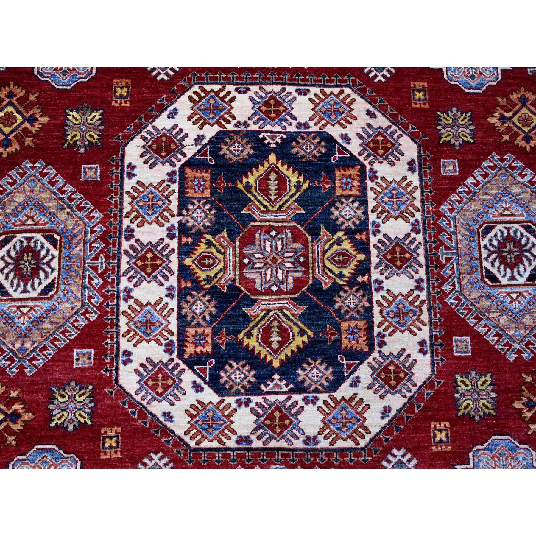 8'10"x12'5" Scarlet Red, Afghan Super Kazak with Geometric Elements, Vegetable Dyes, Pure and Shiny Wool, Hand Knotted, Oriental Rug Sh89132