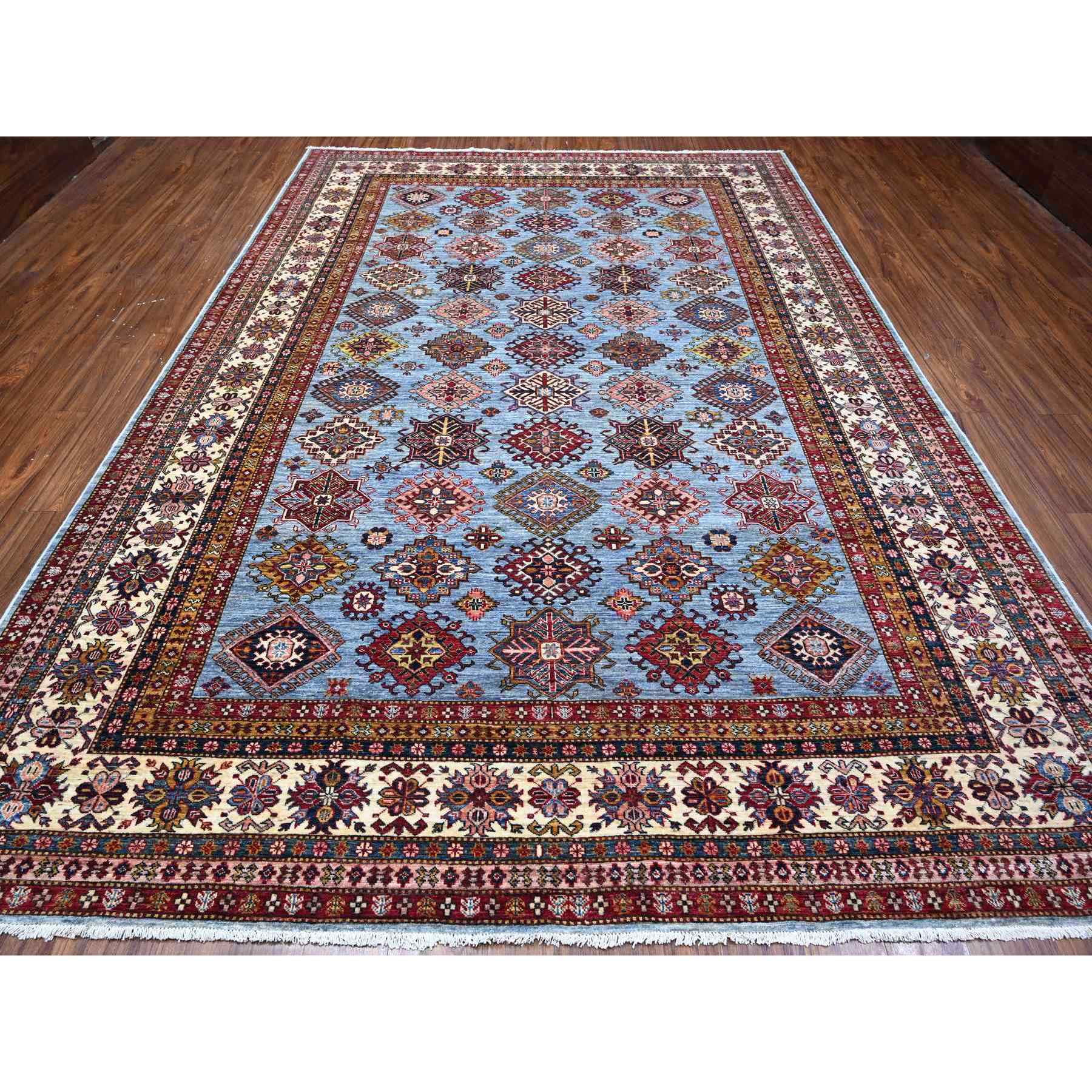 9'x12'6" Thundercloud Gray, Ivory Border, Afghan Super Kazak Hand Knotted, All Over Geometric Motifs, Natural Dyes, 100% Wool, Oriental Rug Sh89133