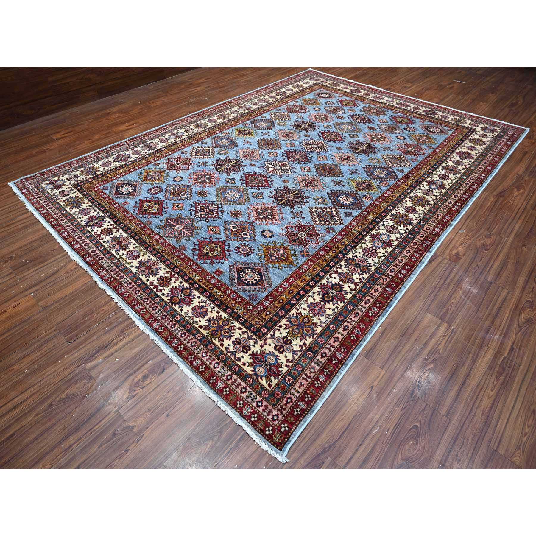 9'x12'6" Thundercloud Gray, Ivory Border, Afghan Super Kazak Hand Knotted, All Over Geometric Motifs, Natural Dyes, 100% Wool, Oriental Rug Sh89133