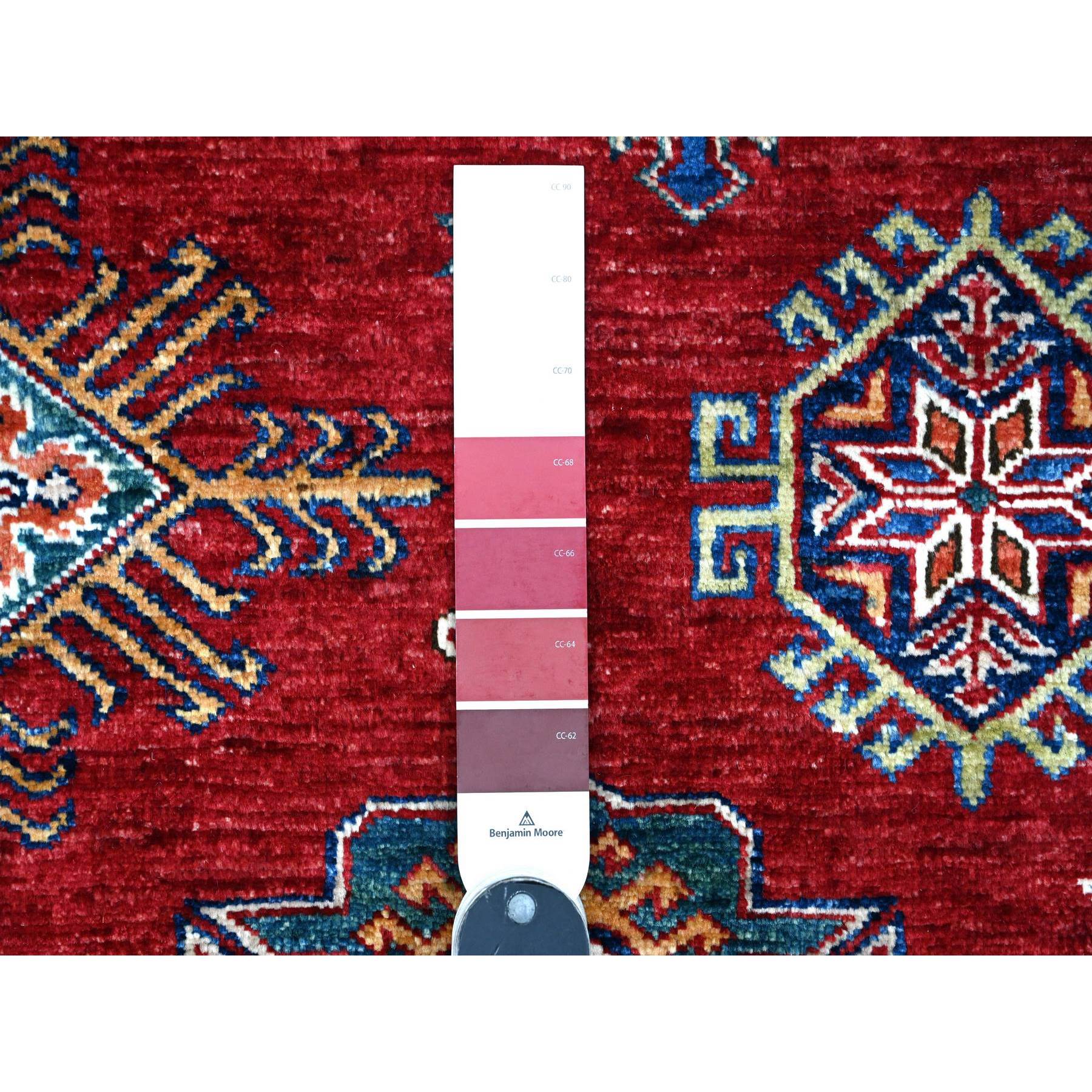 9'1"x11'9" Crimson Red, Afghan Super Kazak with Geometric Medallions Design, Hand Knotted, Pure Wool, Vegetable Dyes, Oriental Rug Sh89327