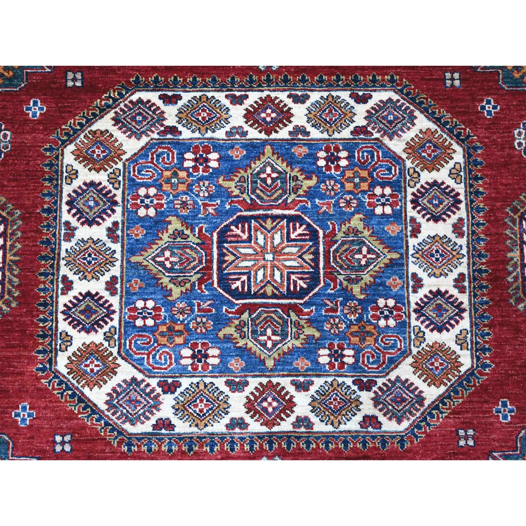 9'1"x11'9" Crimson Red, Afghan Super Kazak with Geometric Medallions Design, Hand Knotted, Pure Wool, Vegetable Dyes, Oriental Rug Sh89327