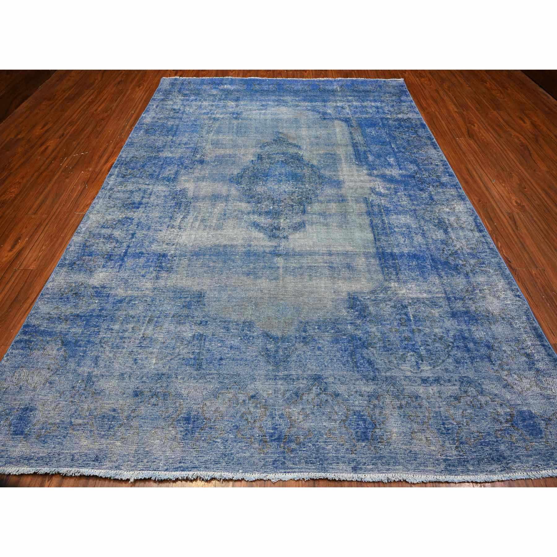 8'1"x11'5" Chelsea Blue, Distressed Look, Worn Pile, Open Field Design, Velvety Wool, Sides Secured, Hand Knotted Vintage Persian Kerman, Overdyed, Cropped Thin, Oriental Rug Sh89448