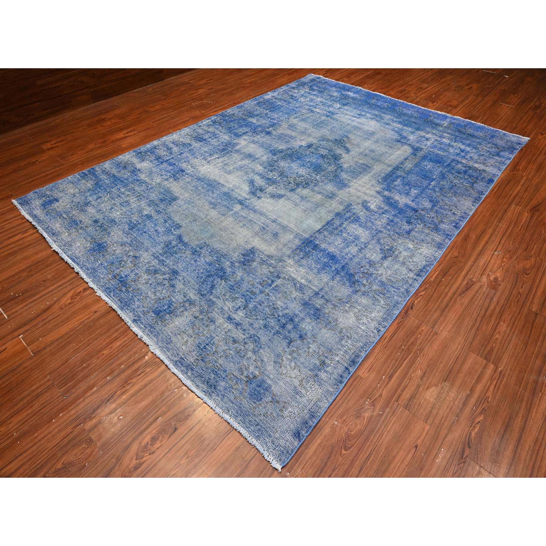 8'1"x11'5" Chelsea Blue, Distressed Look, Worn Pile, Open Field Design, Velvety Wool, Sides Secured, Hand Knotted Vintage Persian Kerman, Overdyed, Cropped Thin, Oriental Rug Sh89448