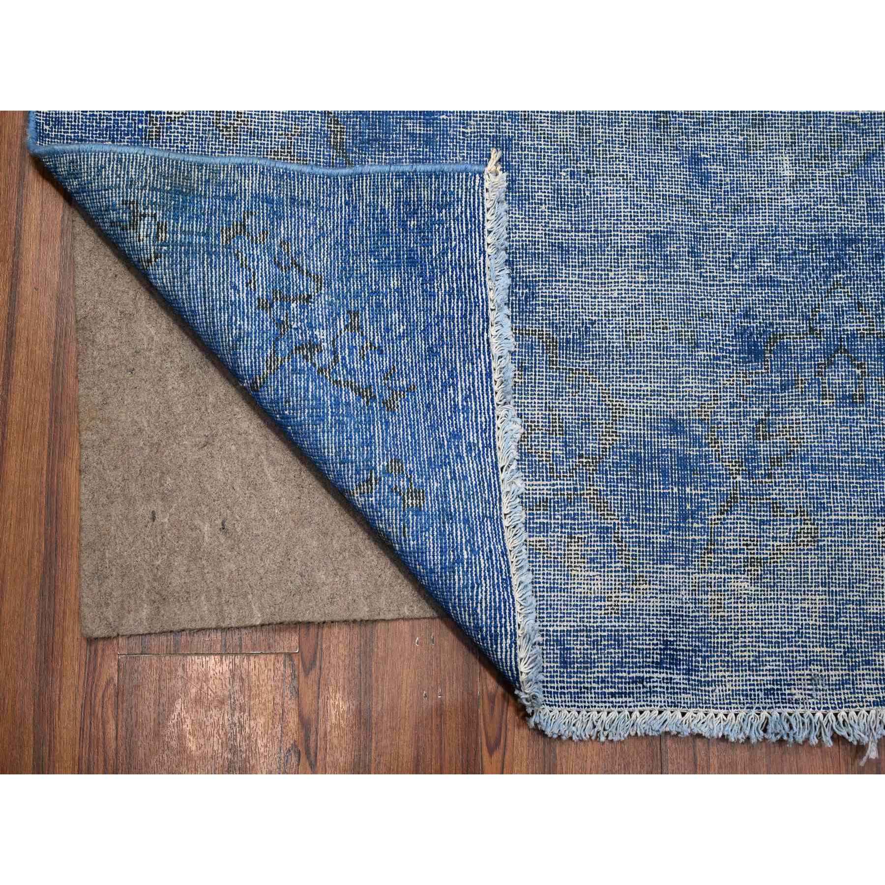 8'1"x11'5" Chelsea Blue, Distressed Look, Worn Pile, Open Field Design, Velvety Wool, Sides Secured, Hand Knotted Vintage Persian Kerman, Overdyed, Cropped Thin, Oriental Rug Sh89448
