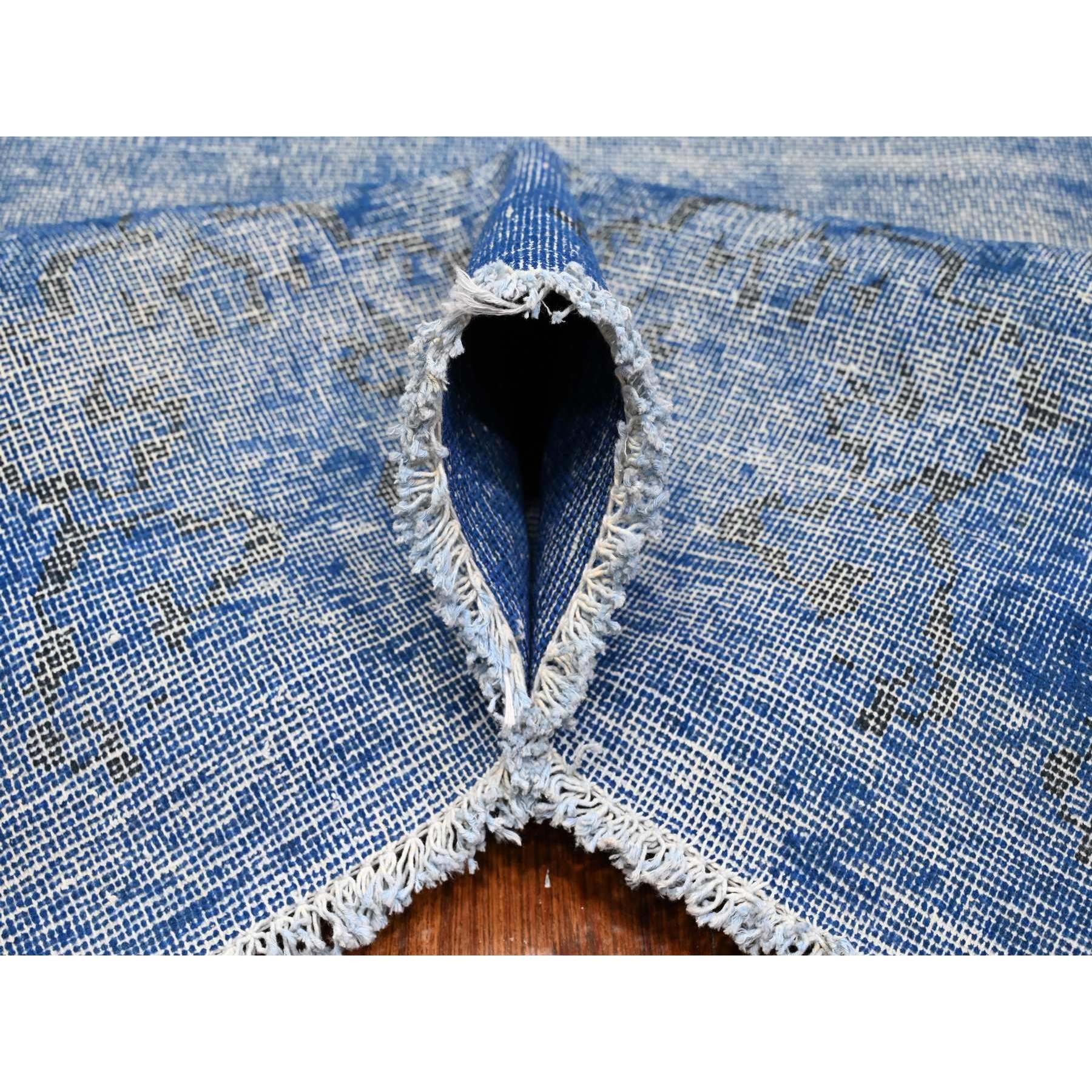 8'1"x11'5" Chelsea Blue, Distressed Look, Worn Pile, Open Field Design, Velvety Wool, Sides Secured, Hand Knotted Vintage Persian Kerman, Overdyed, Cropped Thin, Oriental Rug Sh89448