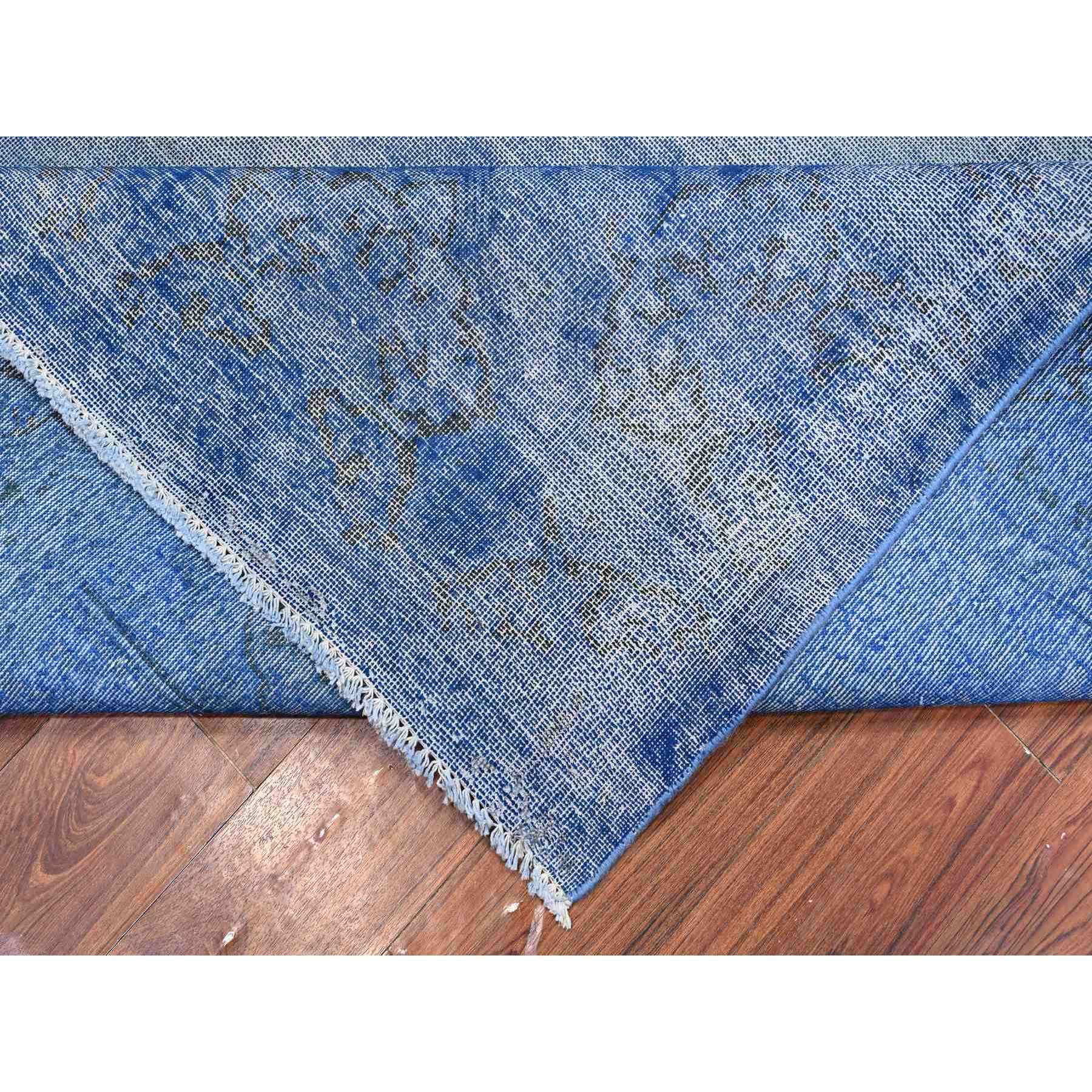 8'1"x11'5" Chelsea Blue, Distressed Look, Worn Pile, Open Field Design, Velvety Wool, Sides Secured, Hand Knotted Vintage Persian Kerman, Overdyed, Cropped Thin, Oriental Rug Sh89448